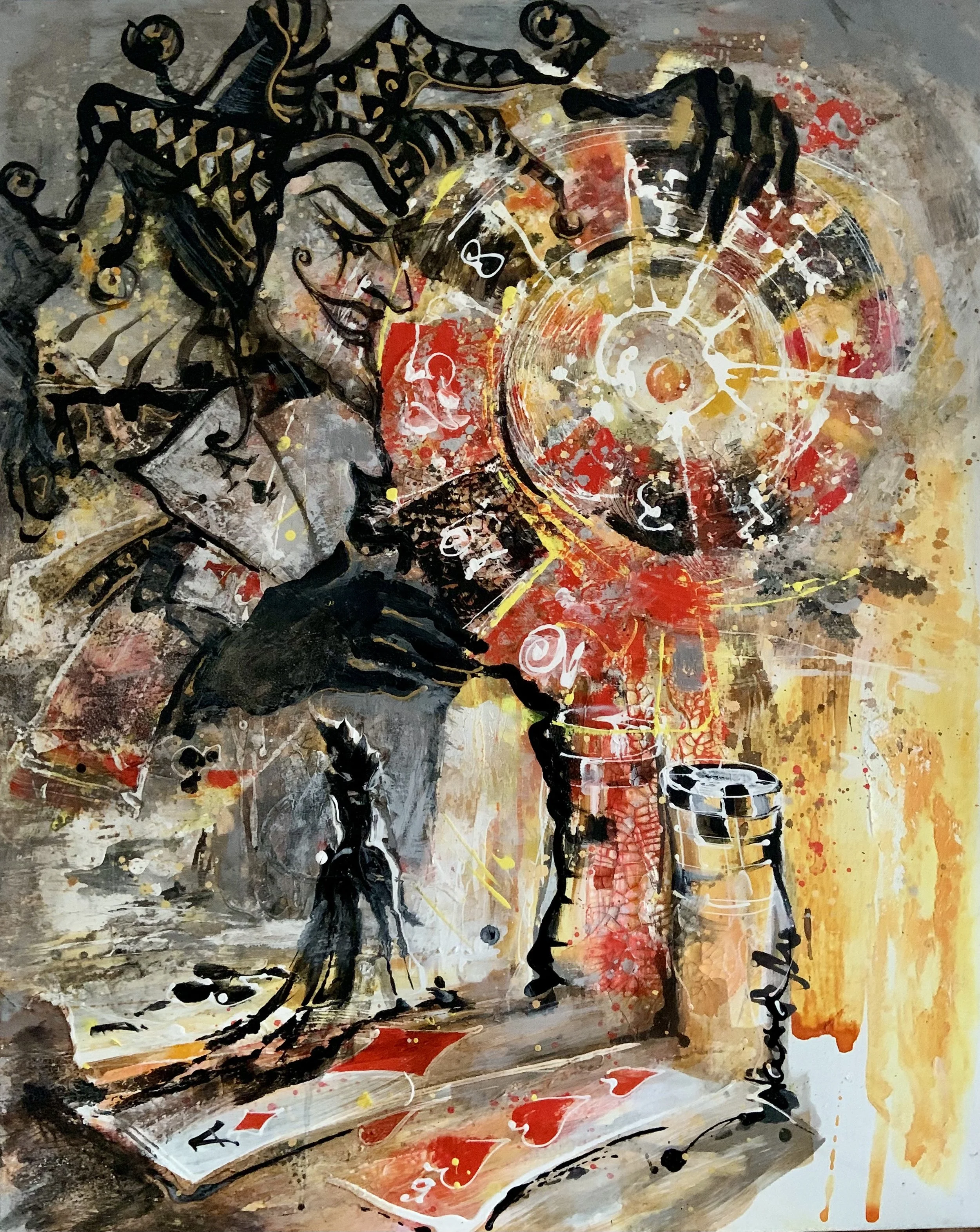 Dangerous Passion
100 x 180

A painting of a Joker with cards in his hands.