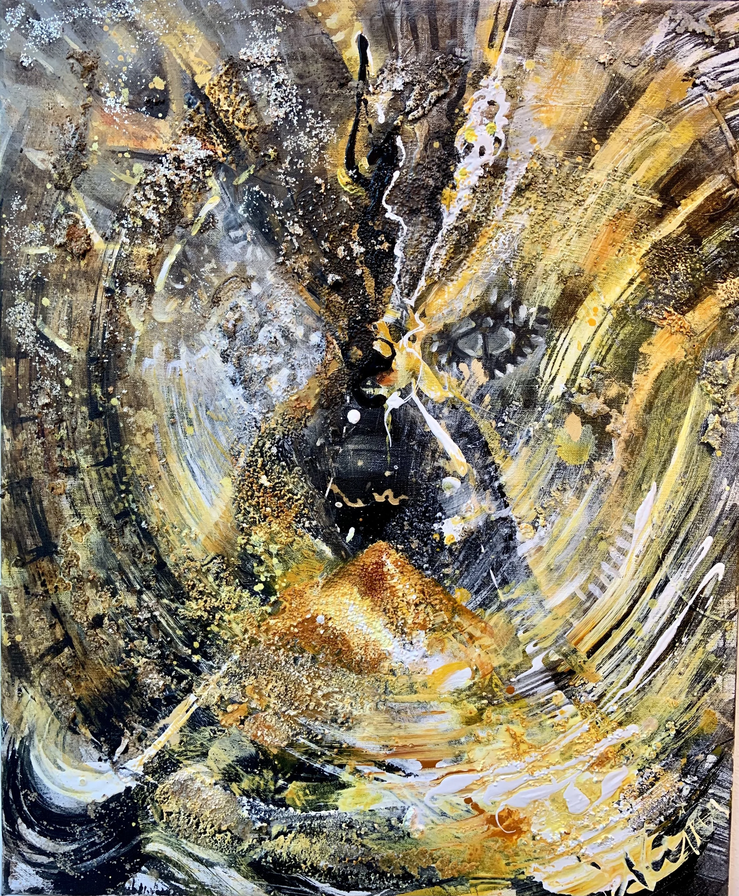 Time
70 x 60

Abstract painting with swirling movements in gold, black, white, and beige tones.
