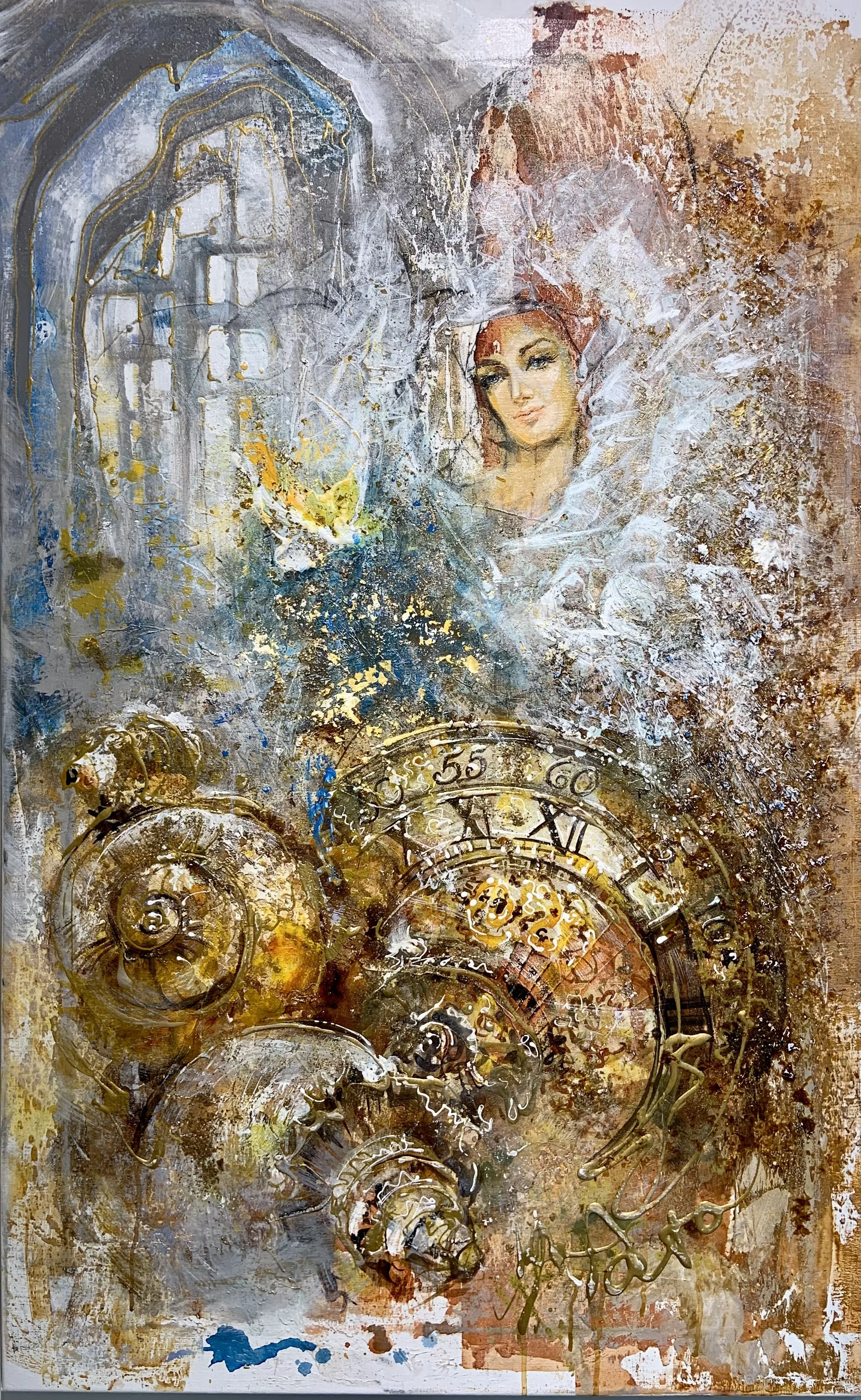 The sound of Time
120 x 75

Abstract painting featuring a woman's face, clock parts, and geometric shapes in warm and cool colors.