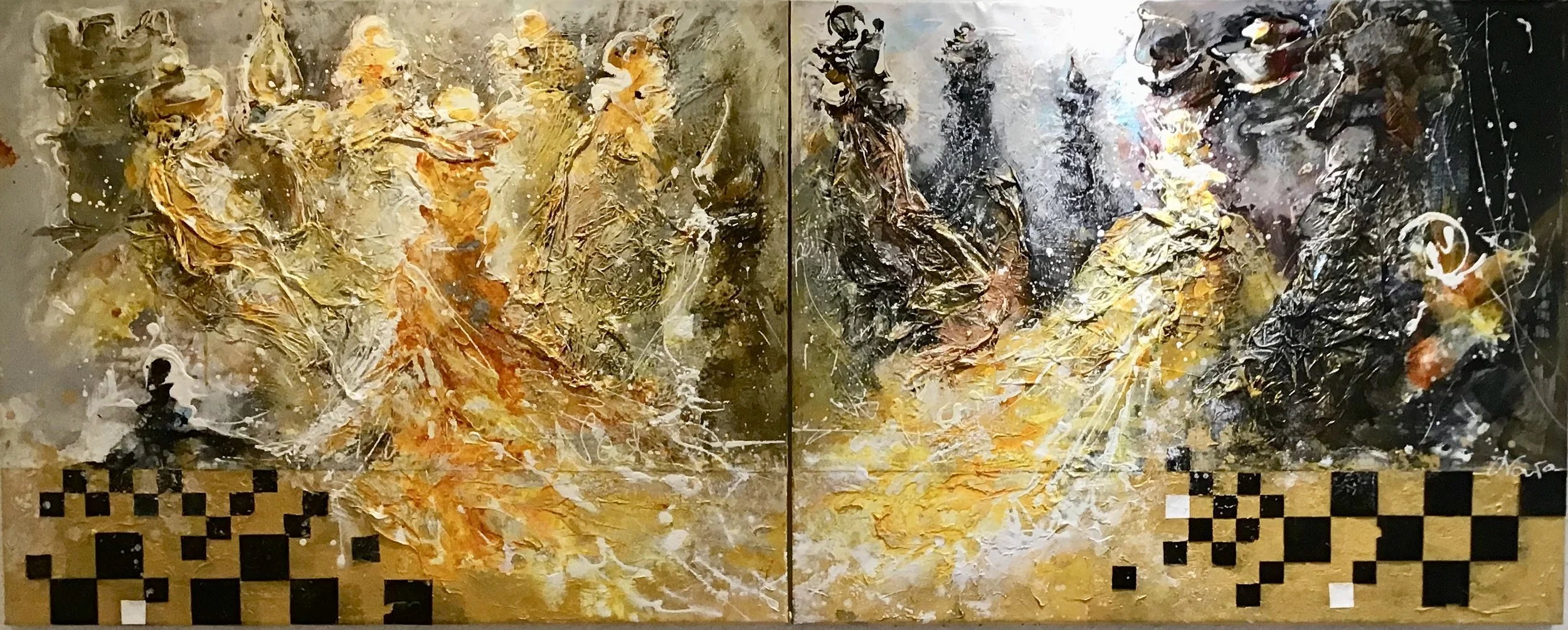 Behind the Mirror 
2 x 80 x 100

Two abstract paintings side by side, with mixed colors and textures. At the bottom, there is a pattern of black and white squares.