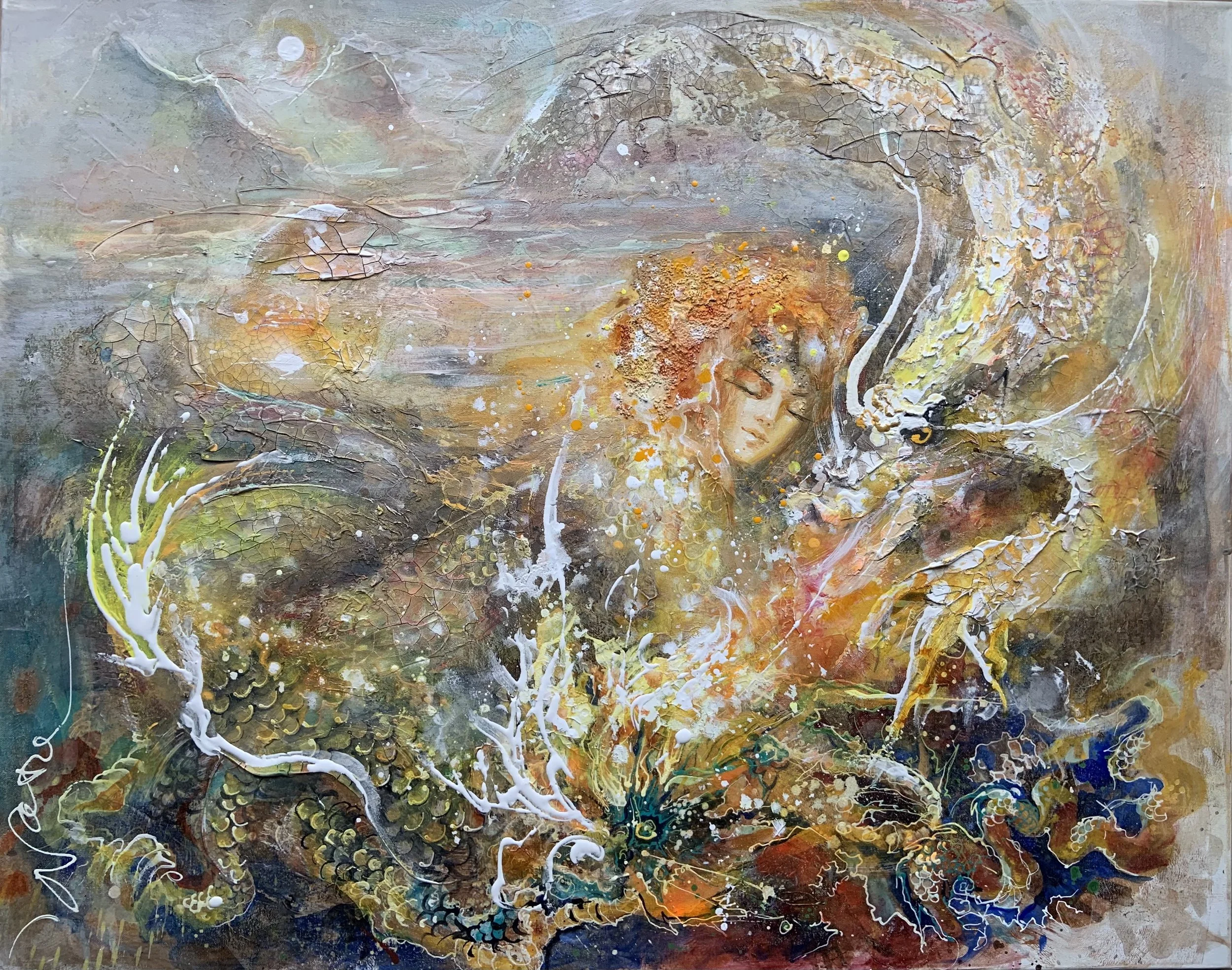 Dream about white Dragon
80 x 100

Abstract painting of a dreamy female figure with a closed eye, surrounded by organic shapes and paint splashes in both warm and cool colors.