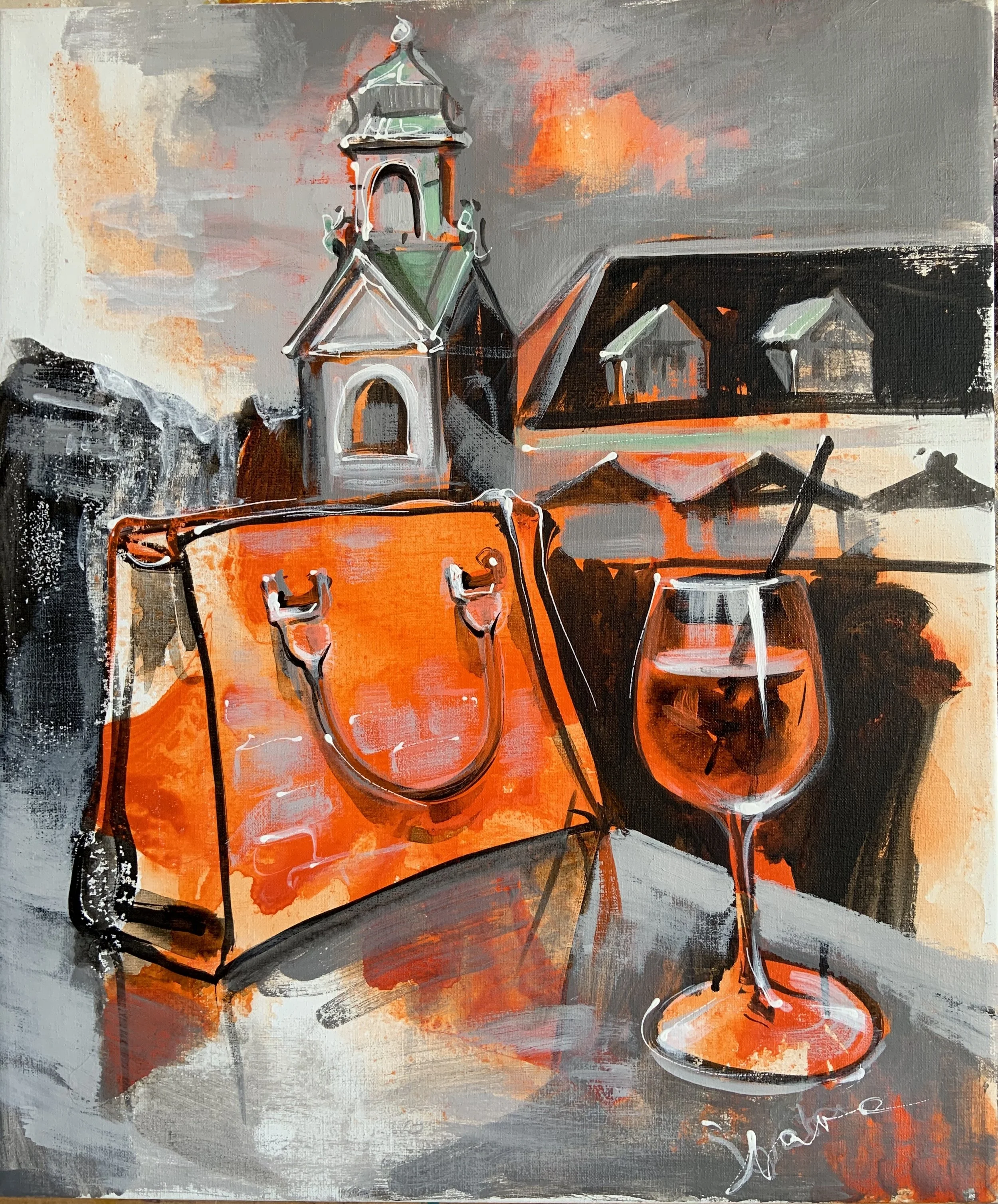 Illums Rooftop
60 x 50

A painting with an orange bag and a glass of wine on the table, with a church and houses in the background.