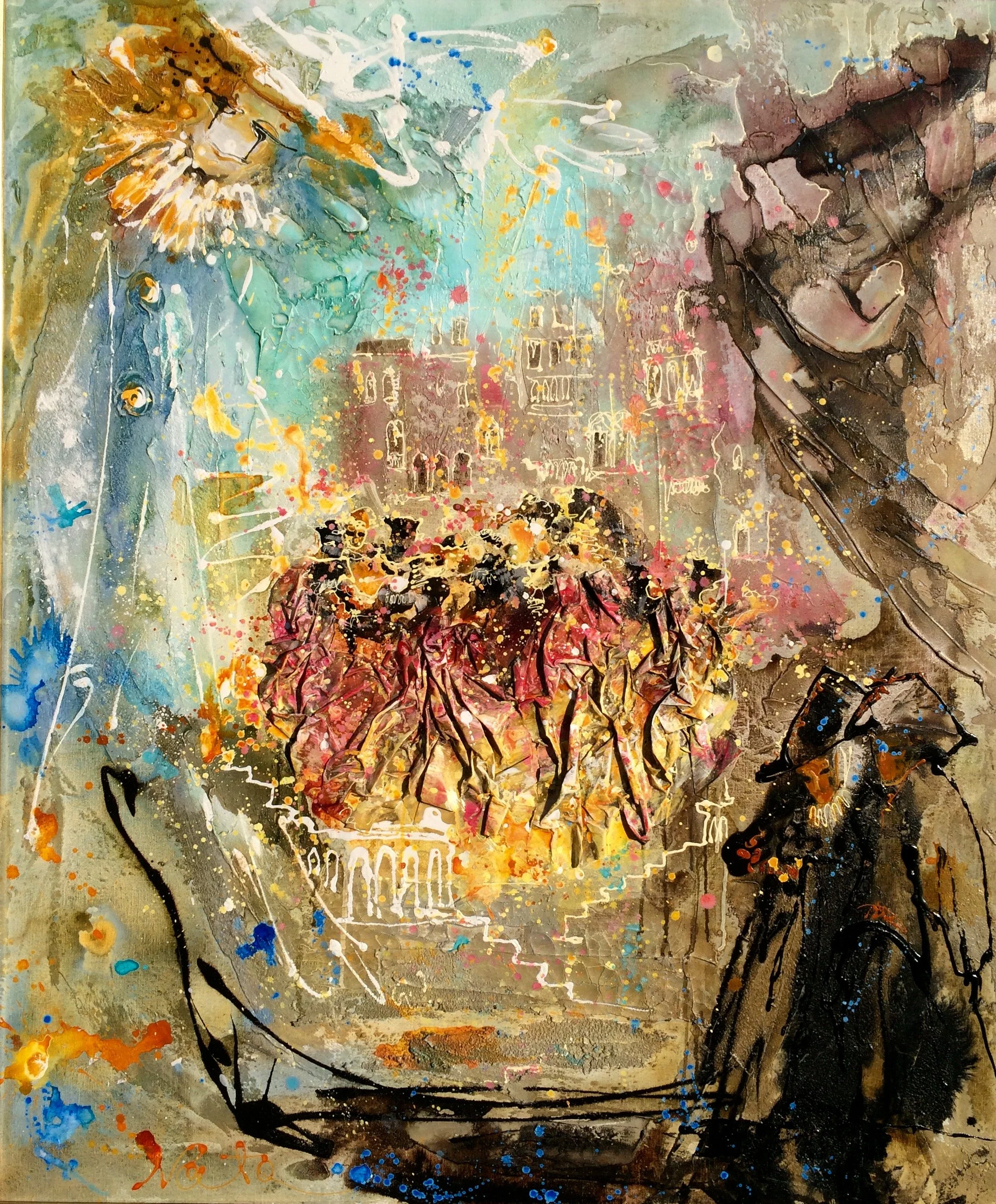Theatre
120 x 100

Abstract painting with buildings, figures, flowers, and colorful splashes in blue, orange, yellow, black, and brown.