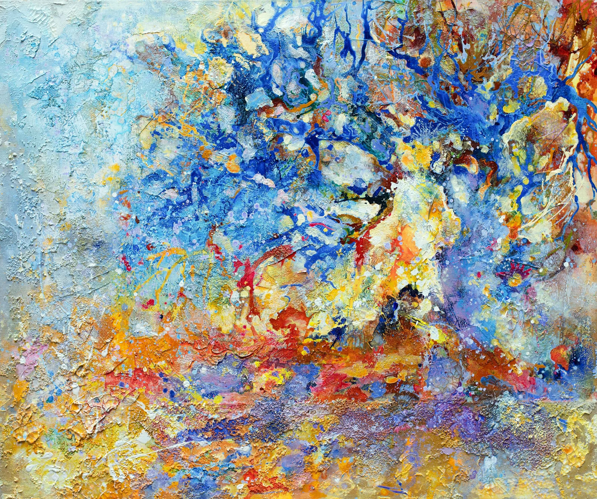 Under the Blue Tree
100 x 120

Abstract painting with textured surface, vibrant colors including blue, yellow, orange, red, purple, and white, featuring chaotic splashes and streaks of paint.