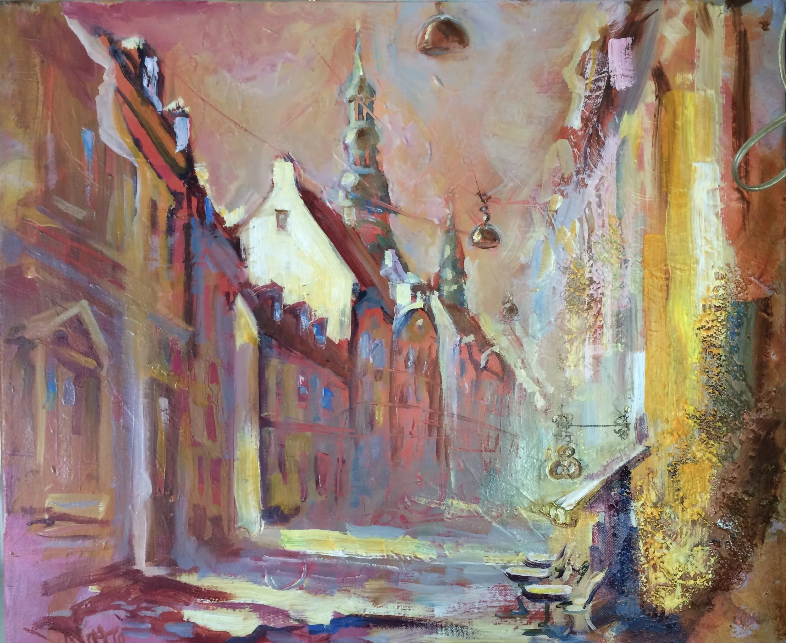 An abstract painting of a European street scene with buildings, a church tower, street lamps, and a tree with yellow leaves.
