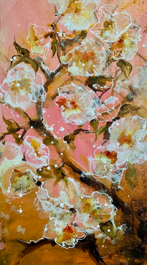 Abstract painting of a flowering tree with white and yellow blossoms against a pink and brown background.
