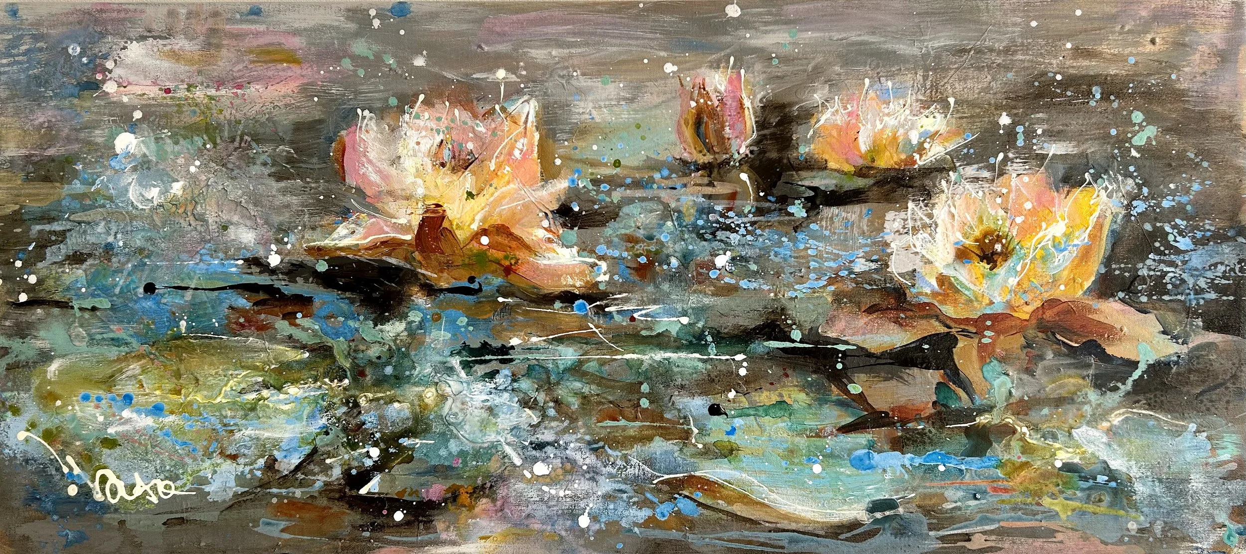 Lilies 
45 x 90

Abstract painting of pink and yellow lilies floating on a water-like surface, with splatters of blue, green, white, and black.