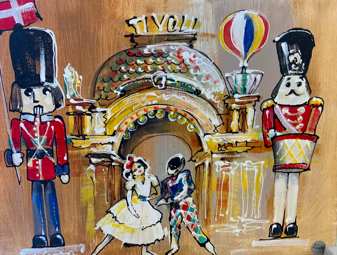 A colorful illustration of a carnival or circus scene featuring two toy soldier figures in red uniforms and black hats, a girl and boy dancers in front of an ornate archway, a hot air balloon, and a sign that reads 'T I YOU' at the top.
