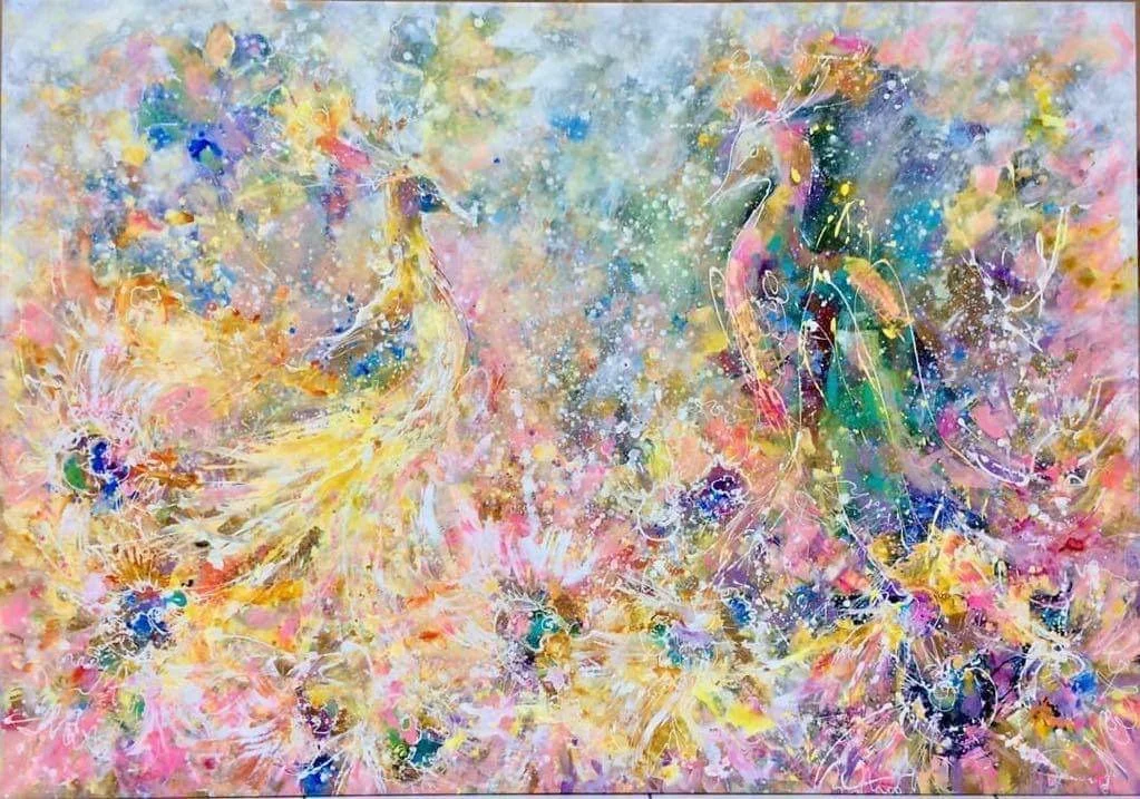 The Meeting 
150 x 200

Watercolor painting with abstract dancing peacocks in bright colors such as pink, yellow, blue, and green.
