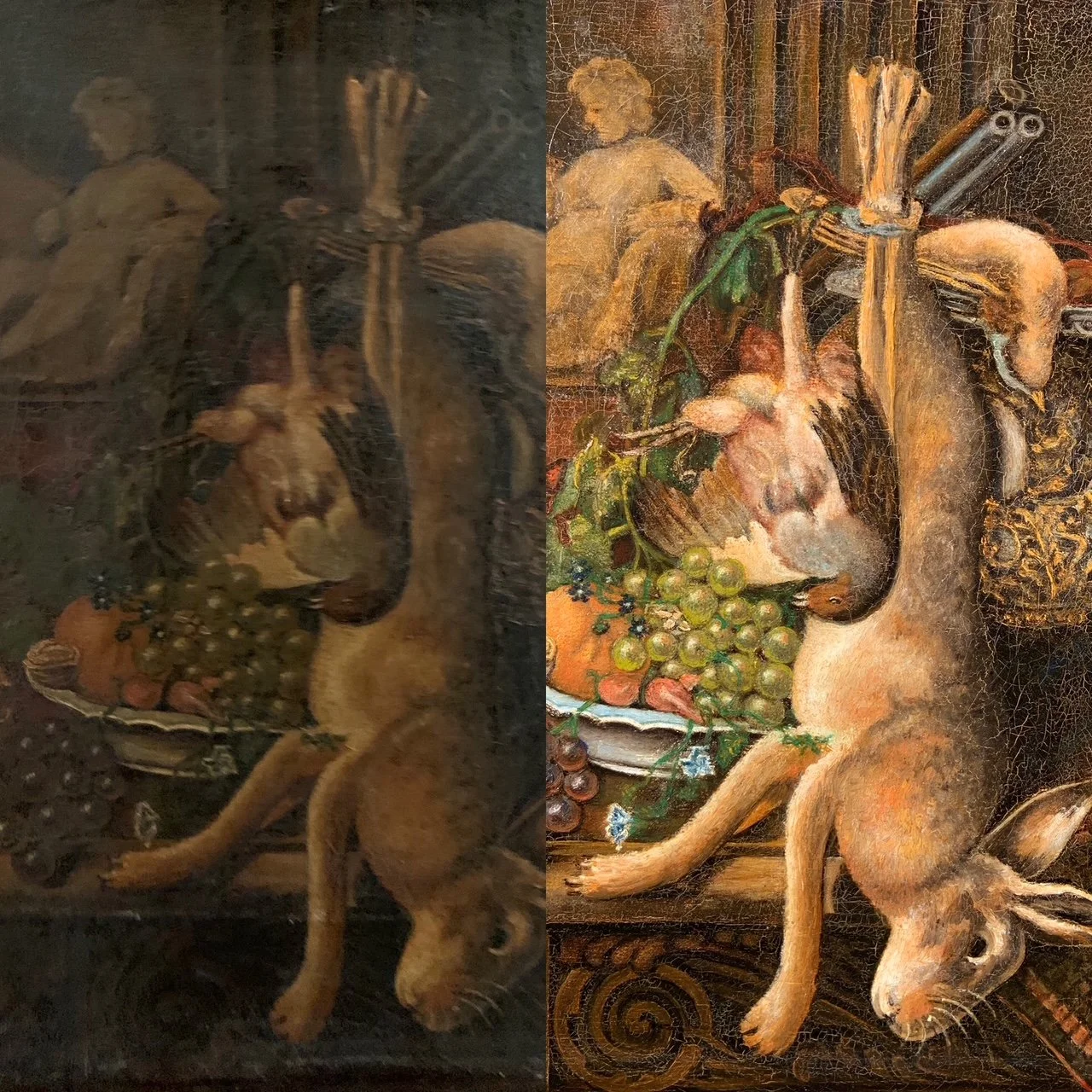 Comparison of an old, faded painting and a restored, vibrant version of the same artwork. Cleaning restored this paintings clarity, color saturation, and details of the painting, helping to prolong its lifespan.
