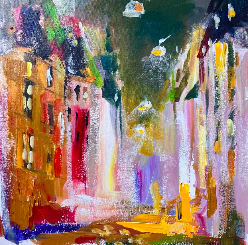 Abstract painting of illuminated city street with buildings, streetlights, and colorful reflections.