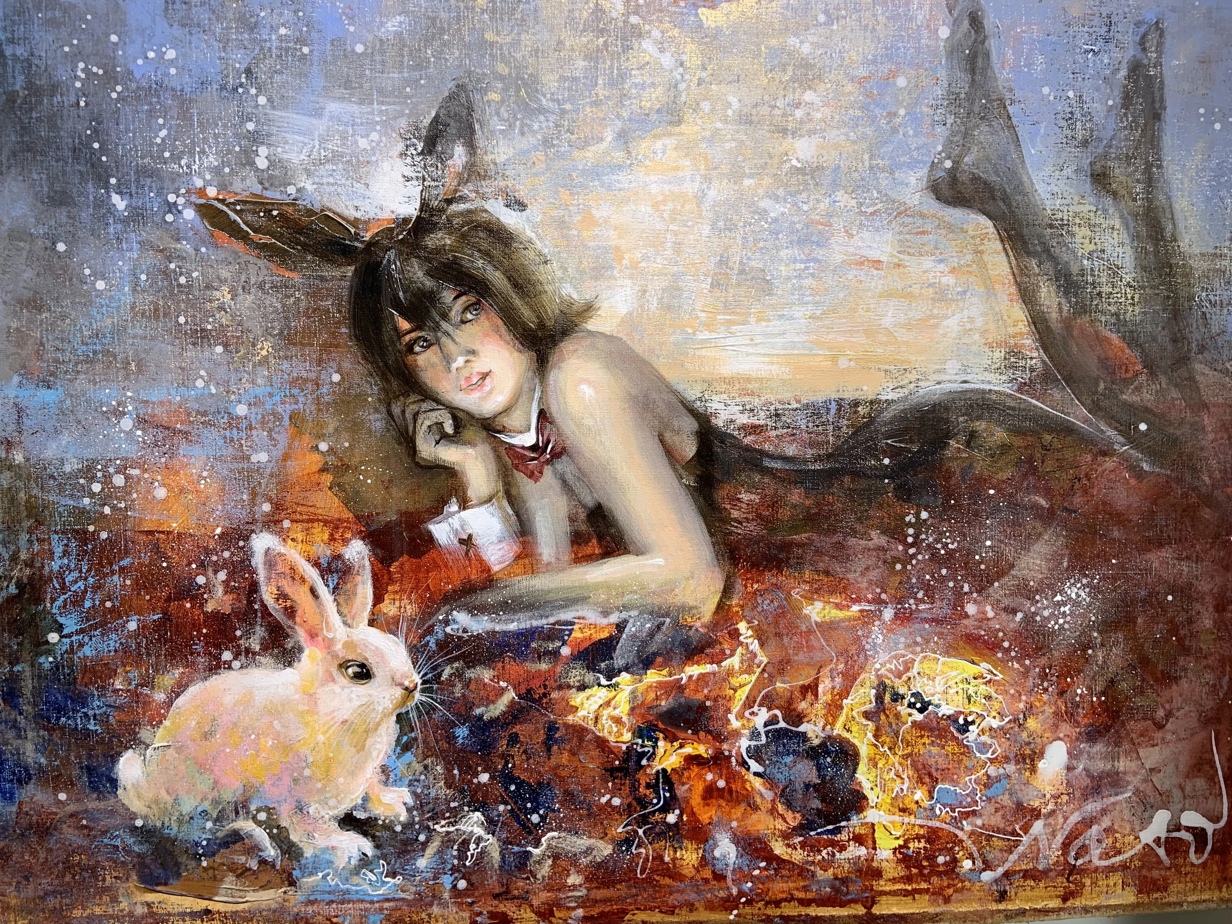 Make a Wish 
80 x 100

An artwork of a young woman with rabbit ears lying on a colorful, abstract background alongside a rabbit.