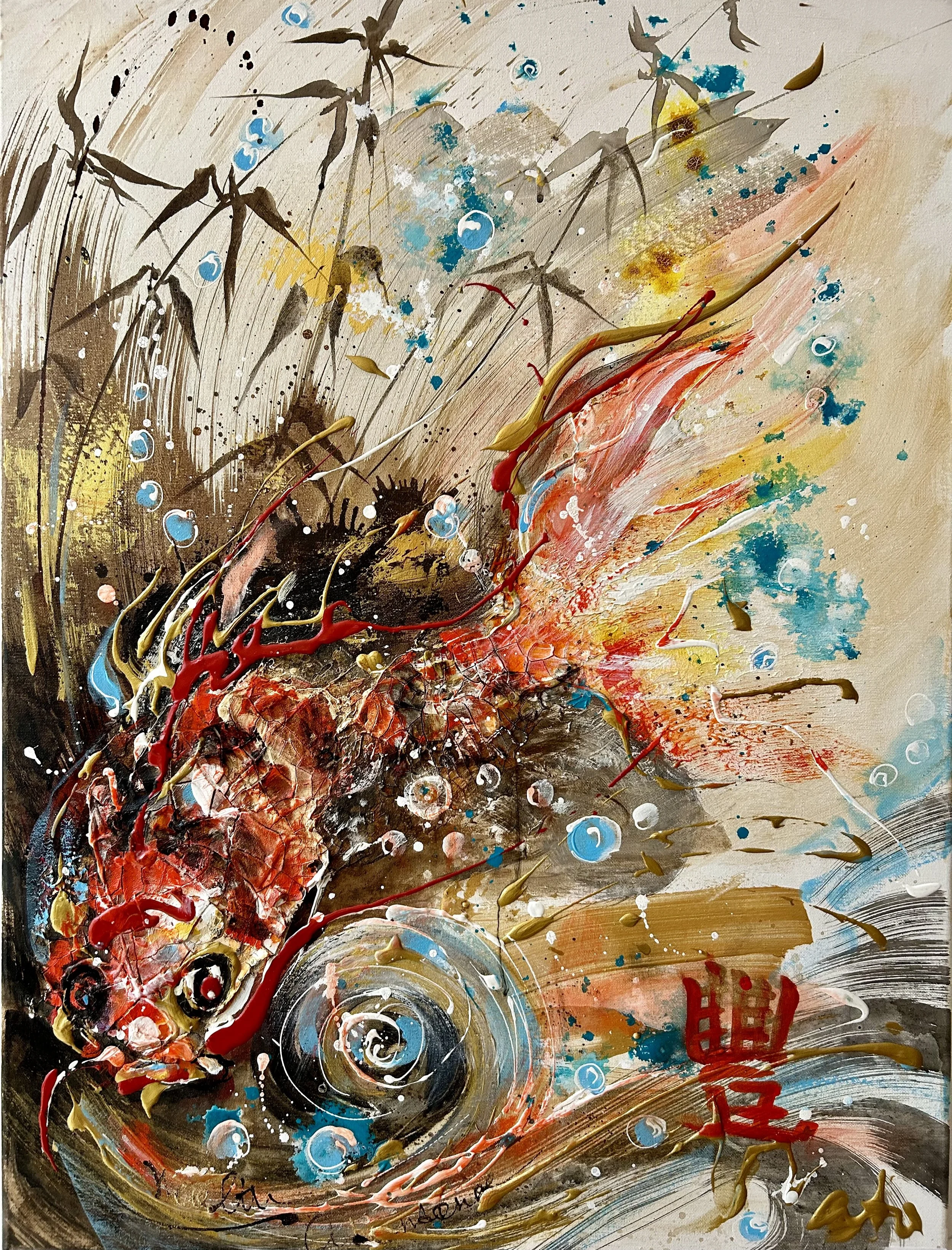  abstrakt maleri med en stor rød fisk, blå, gul og sort farve med bevægelser og detaljer