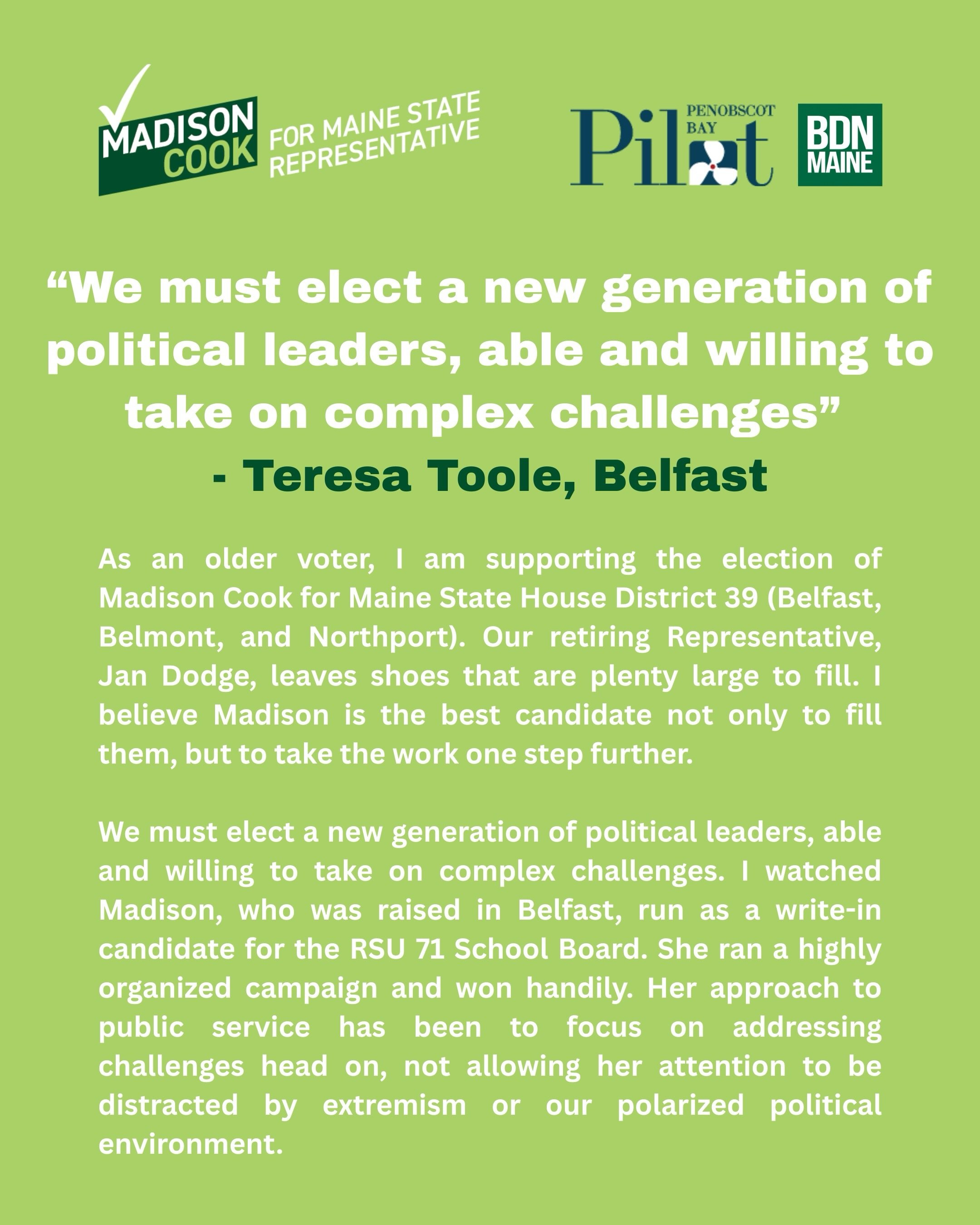 Teresa Toole has been a fantastic supporter, and her letter to the editor explaining her reasons for supporting me was published today in both the Bangor Daily and the PenBay Pilot.  I&rsquo;m really proud to have so many members of our community bac