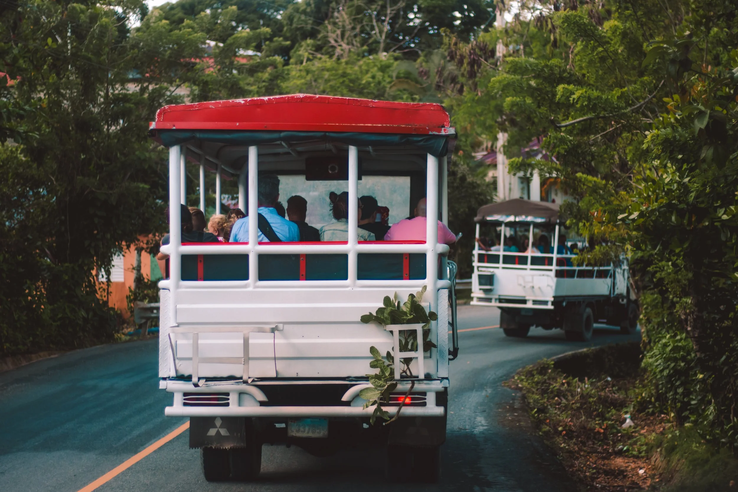Open-air tour train with passengers inside, traveling on a winding road amid green trees and foliage.