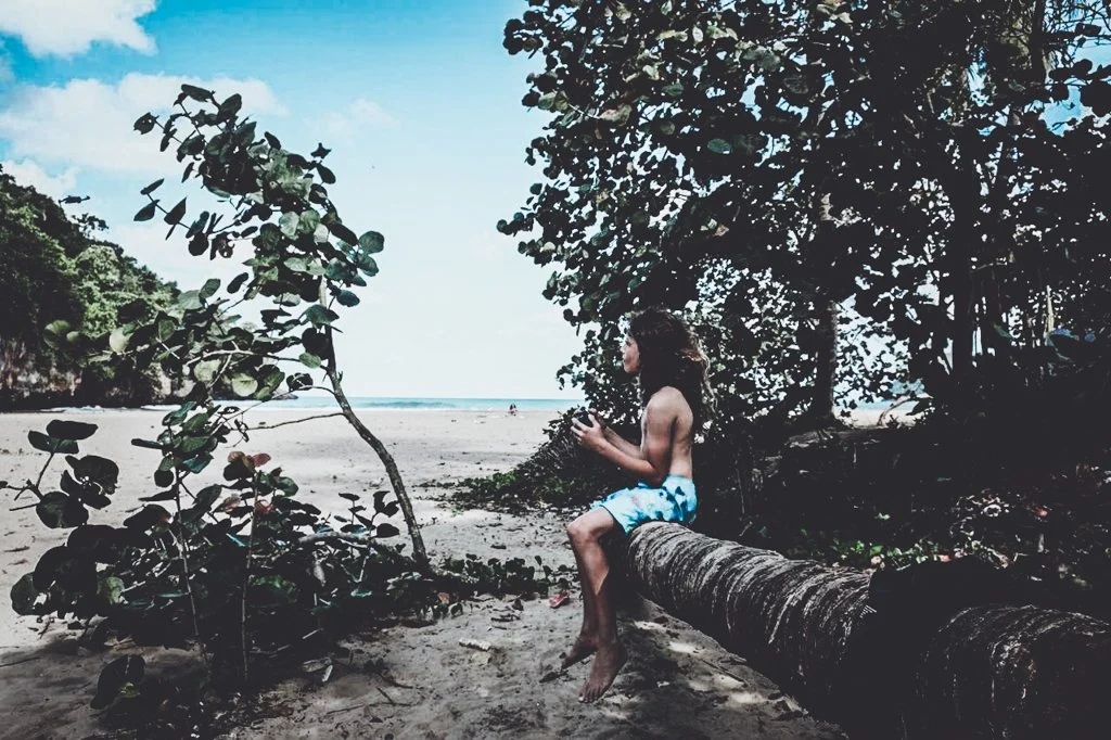 A young girl with curly hair sitting on a fallen tree trunk on a beach, holding a black object, with trees and the ocean in the background.