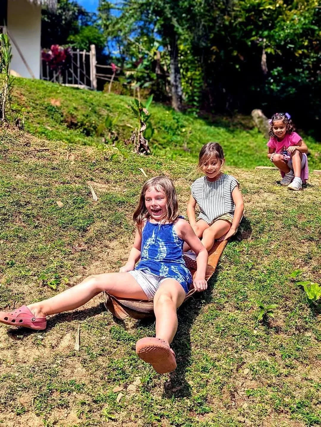 Three children playing on a homemade sled made of wood on a grassy hill, smiling and enjoying a sunny day outdoors with trees in the background.