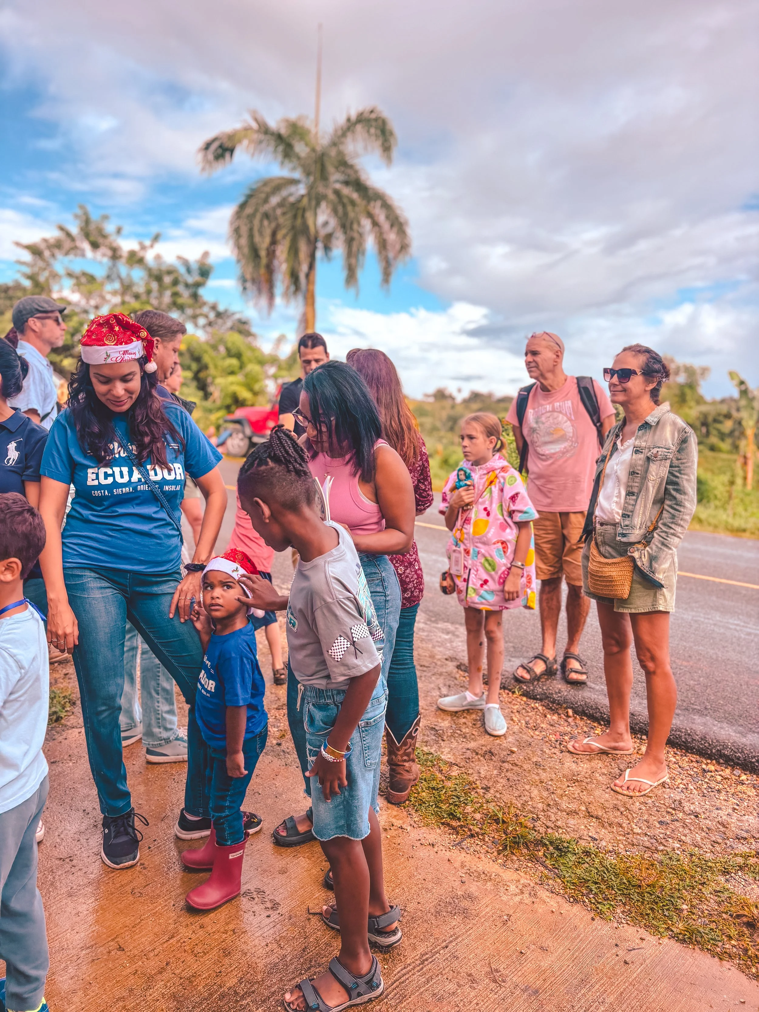 Group of people standing on the side of a road in a tropical setting, some wearing holiday hats, with a tall palm tree and cloudy sky in the background.