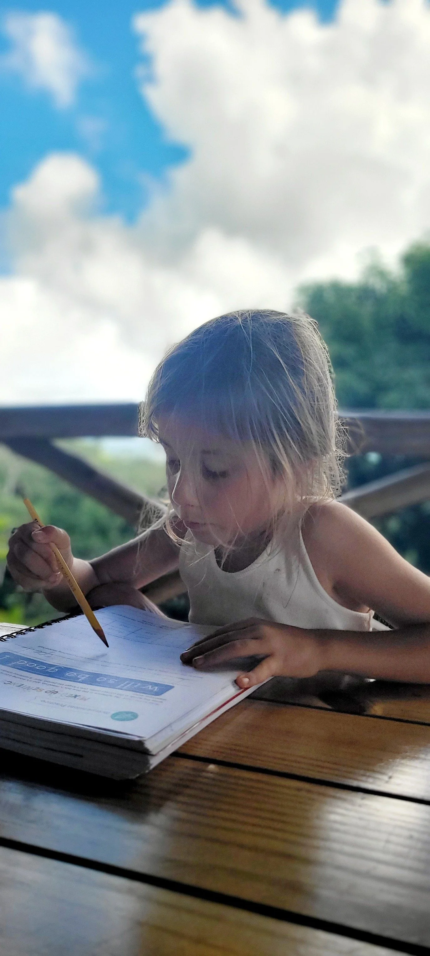 A young girl with blonde hair sitting at a wooden table outdoors, writing or drawing in a notebook with a pencil, with a cloudy sky and green trees in the background.