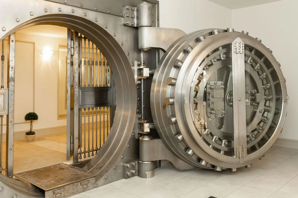 A large, open, industrial-style bank vault door made of metal, with a circular combination lock mechanism on the right side.
