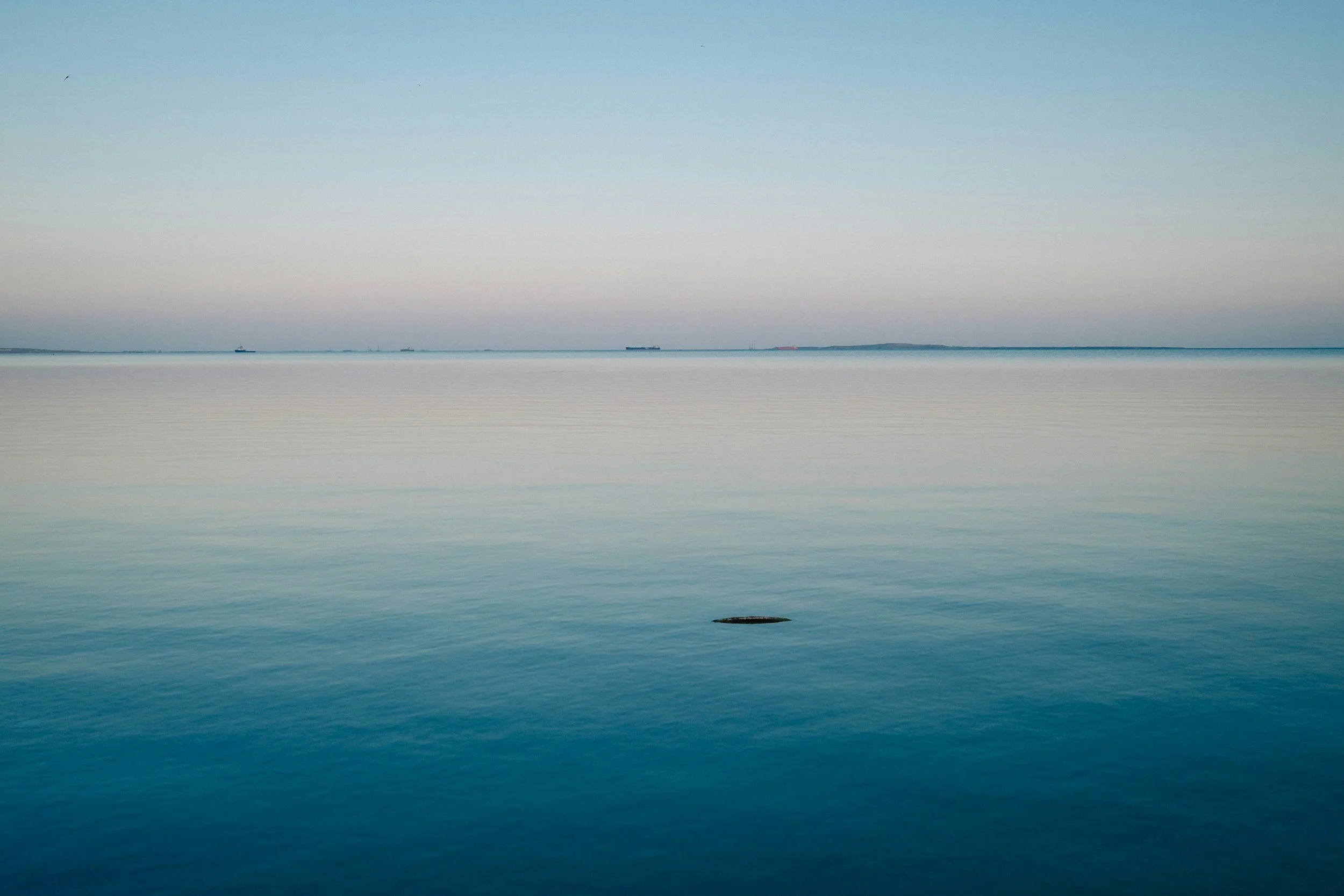 Calm ocean with a small rocky island in the foreground and several ships on the horizon under a clear sky.
