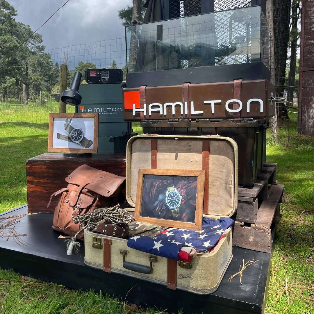 Varios relojes y maletines vintage exhibidos al aire libre, con fondos de árboles y jaulas de alambre.