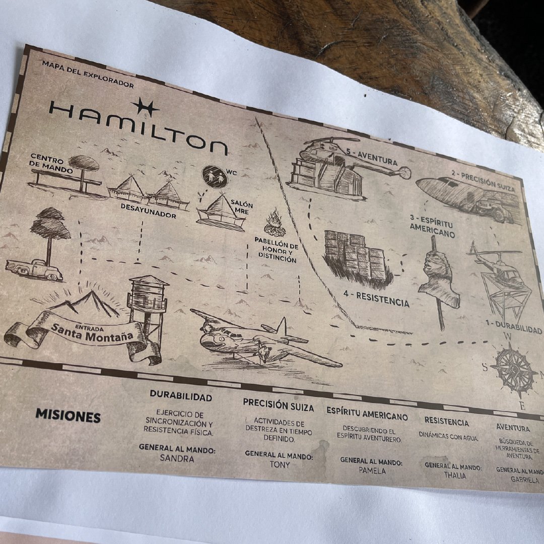 Mapa del explorador de Hamilton con ilustraciones de actividades y elementos como autos, barcos, montañas, campamento, así como textos en español sobre diferentes valores y misiones.