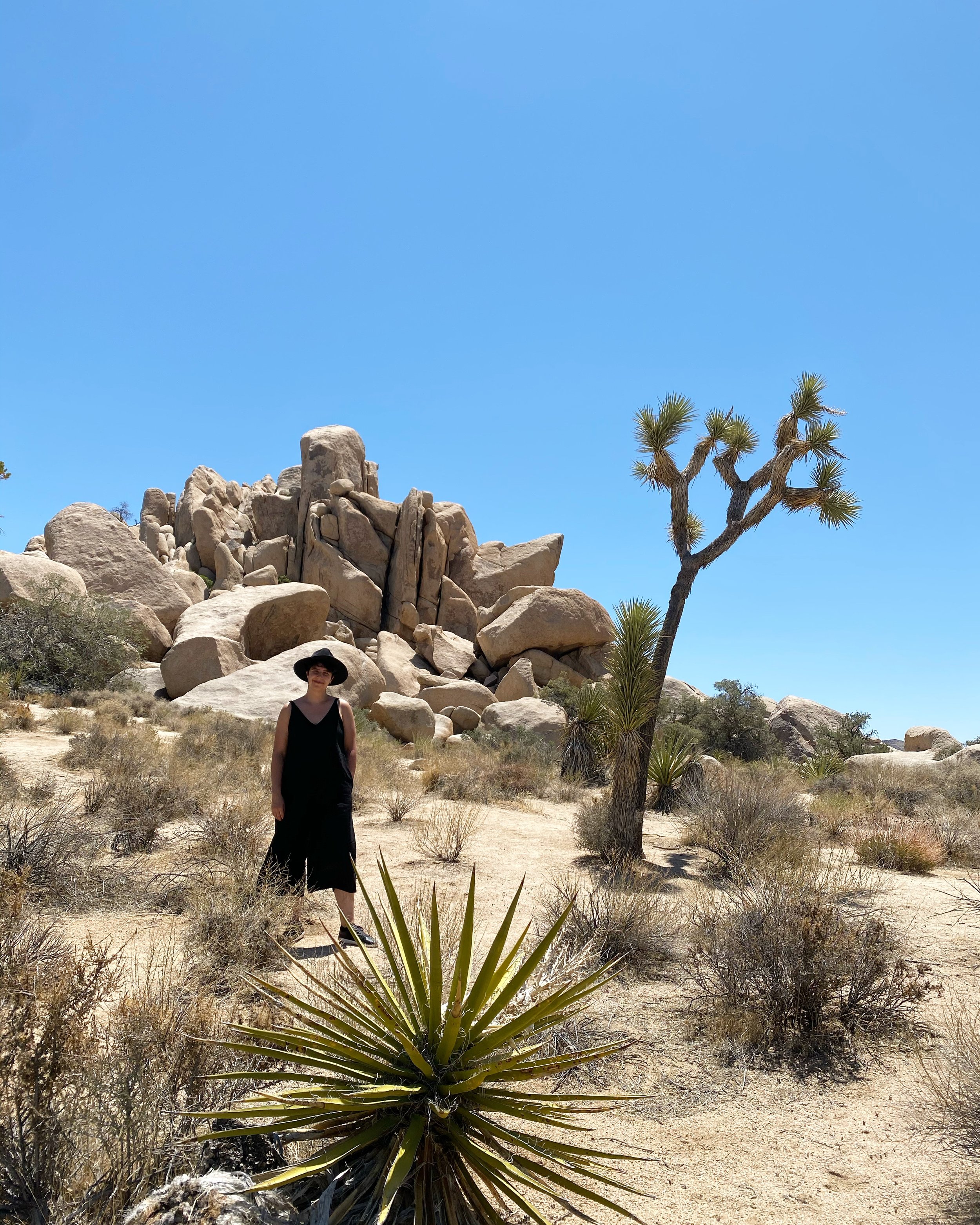 Dr. Grace standing in Joshua Tree Desert next to a tall Joshua Tree. Behind Dr. Grace is a large rock formation. Dr. Grace is wearing all black jumper and wide brimmed hat, with one hand in their pocket while gently smiling into the camera.