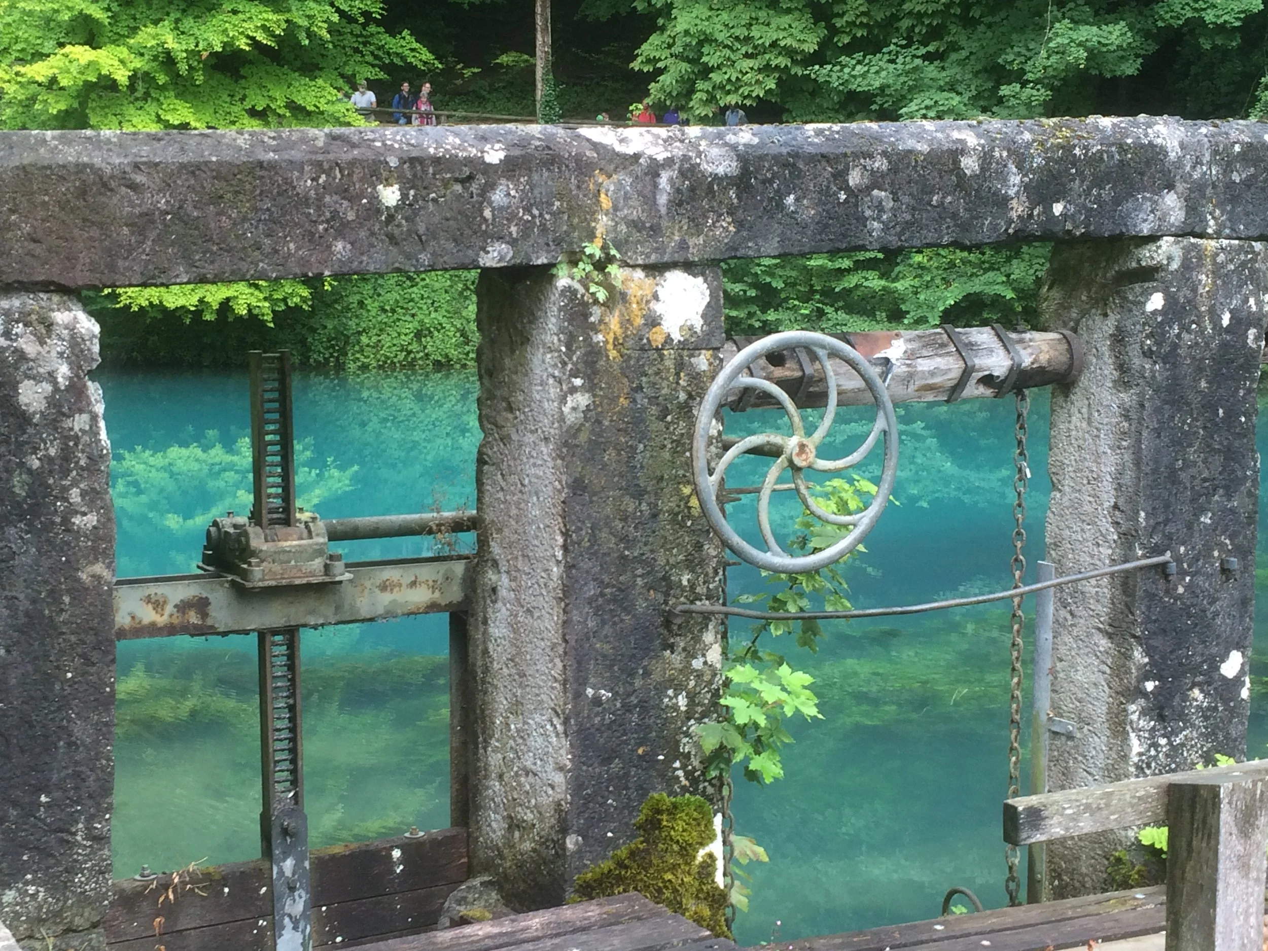 Blick durch ein altes Eisernes Tor auf einen Fluss im Grün. Im Hintergrund stehen Menschen auf einer Brücke zwischen Bäumen.