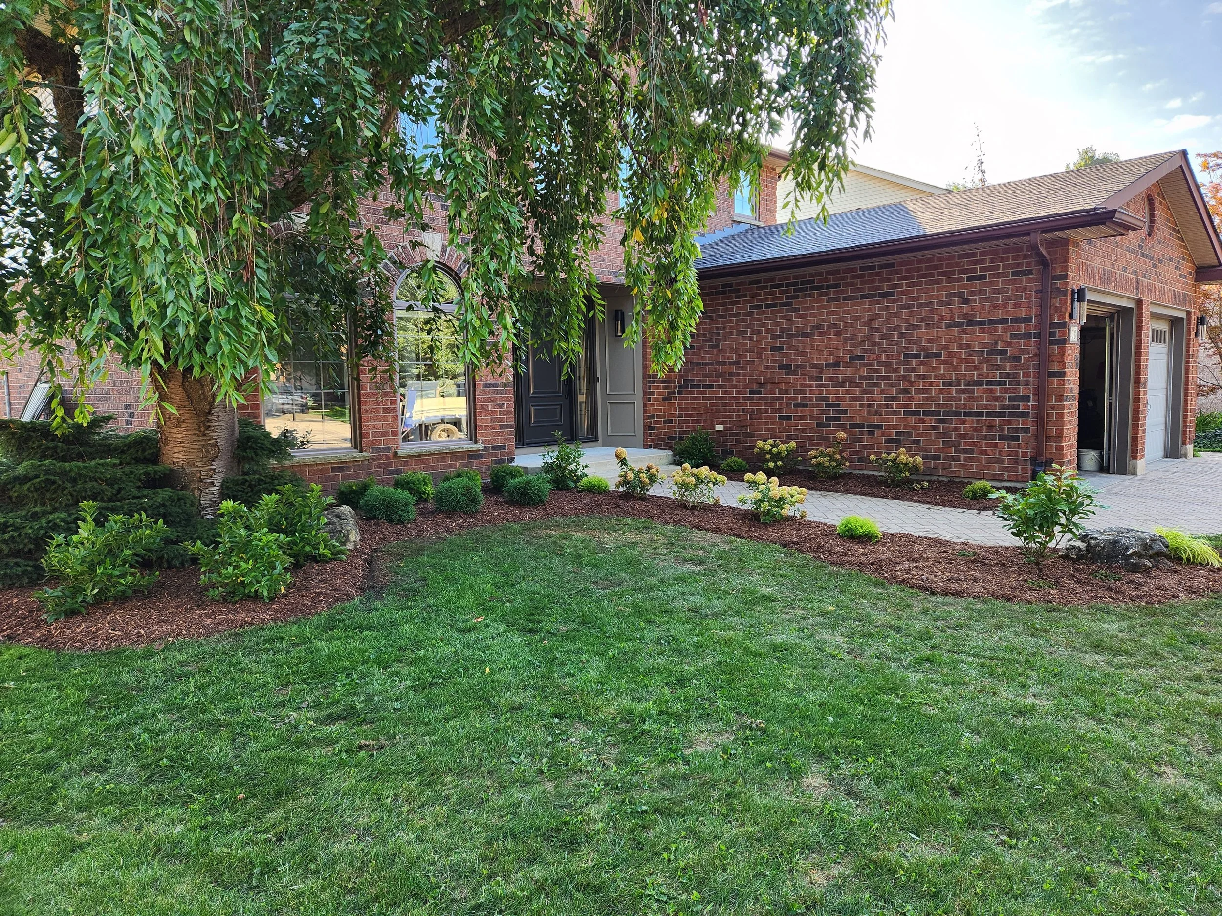 A brick house with a front yard, a large tree on the left, a paved pathway, and various small shrubs and flowers in a well maintained garden bed