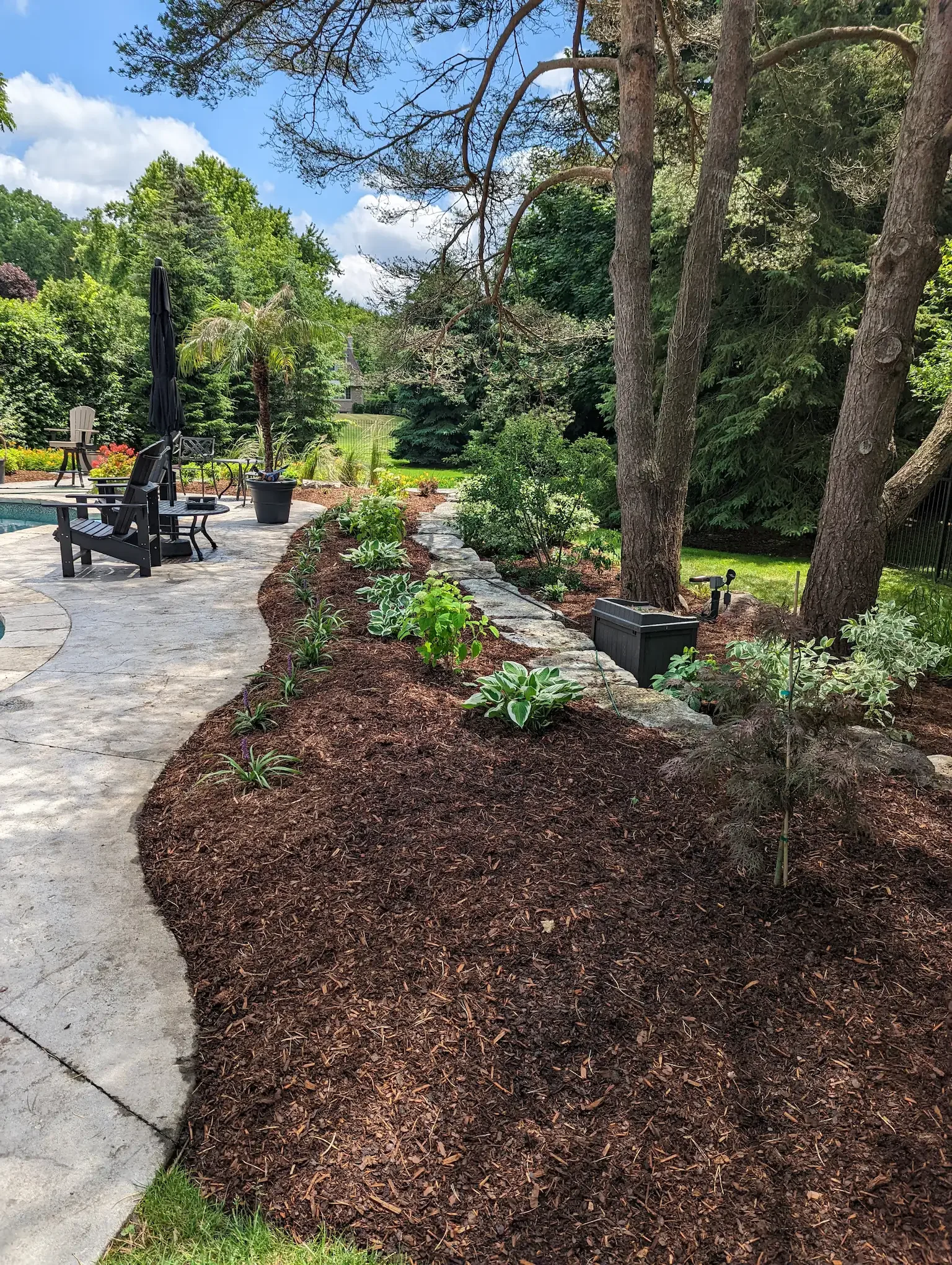 A landscaped backyard with a stone patio, garden bed with plants, trees, outdoor seating, and a swimming pool.