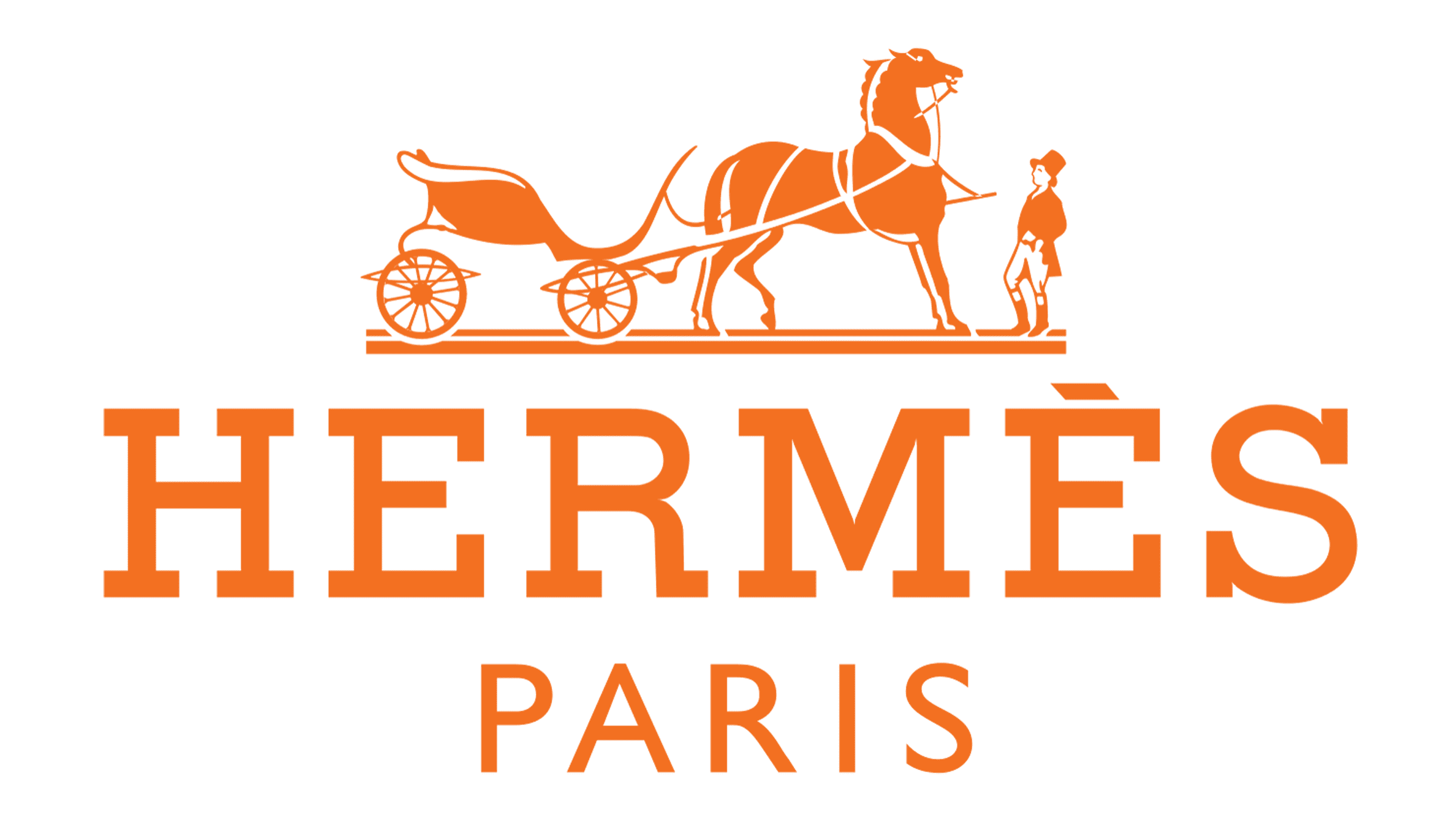 Orange Hermes Paris logo with a horse-drawn carriage, a person leading the horse, and a large stylized Hermes text underneath.