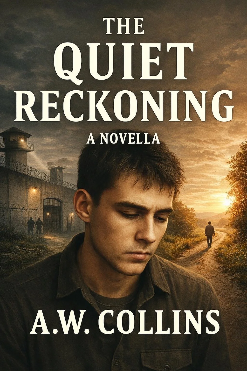 Official book cover for 'The Quiet Reckoning: A Novella' by A.W. Collins. The cinematic image features a young man looking down in thought, positioned in front of a high-security prison wall with guard towers at sunset.