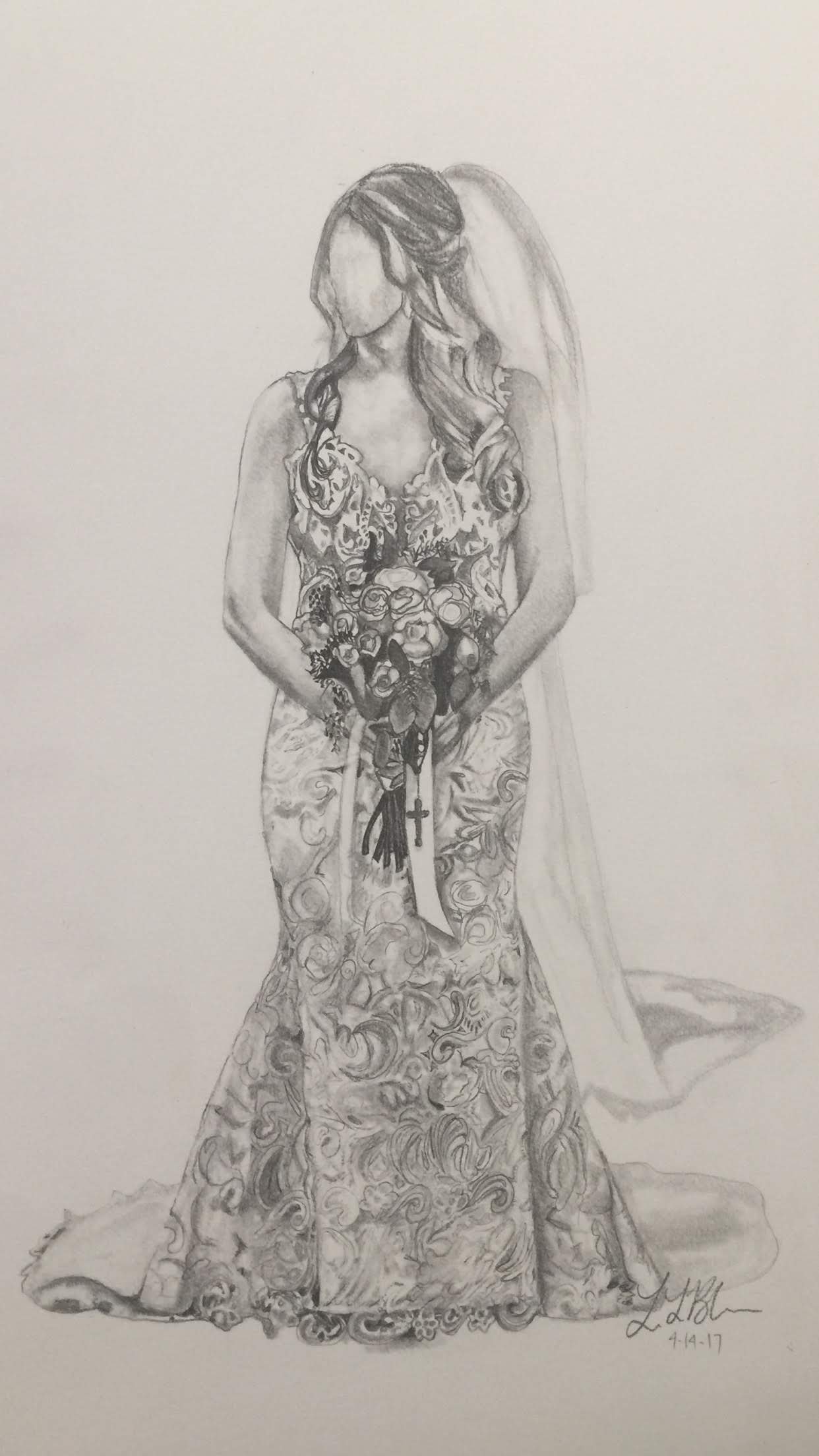 Detailed pencil sketch of a bride in a lace wedding gown holding a bouquet, original artwork by Leah LeBlanc.