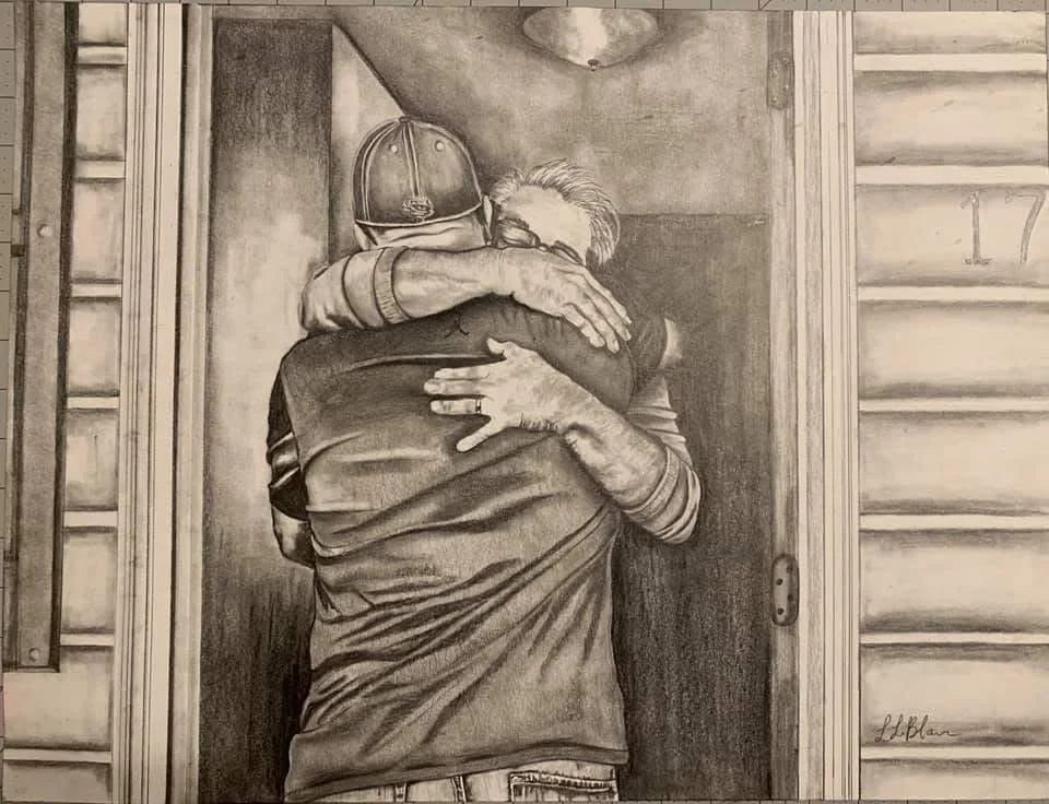 Pencil illustration of two men embracing in a doorway, featured in the poetry collection Verses & Vision by A.W. Collins, drawn by Leah LeBlanc.