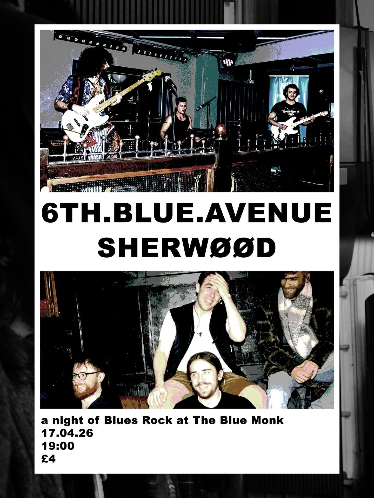 The Blue Monk welcomes 6th.Blue.Avenue and Sherw&oslash;&oslash;d to our stage for a night of Blues Rock from two up and coming local bands, so come down and get groovin&rsquo;!