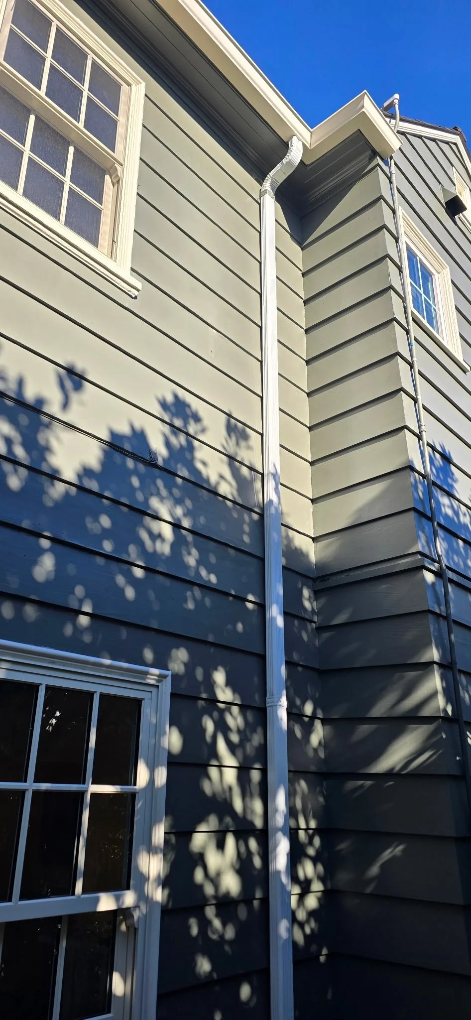 Close-up of the exterior of a house with grey siding, two white-framed windows, and a white rain gutter pipe, with shadows of tree branches on the wall under a clear blue sky.