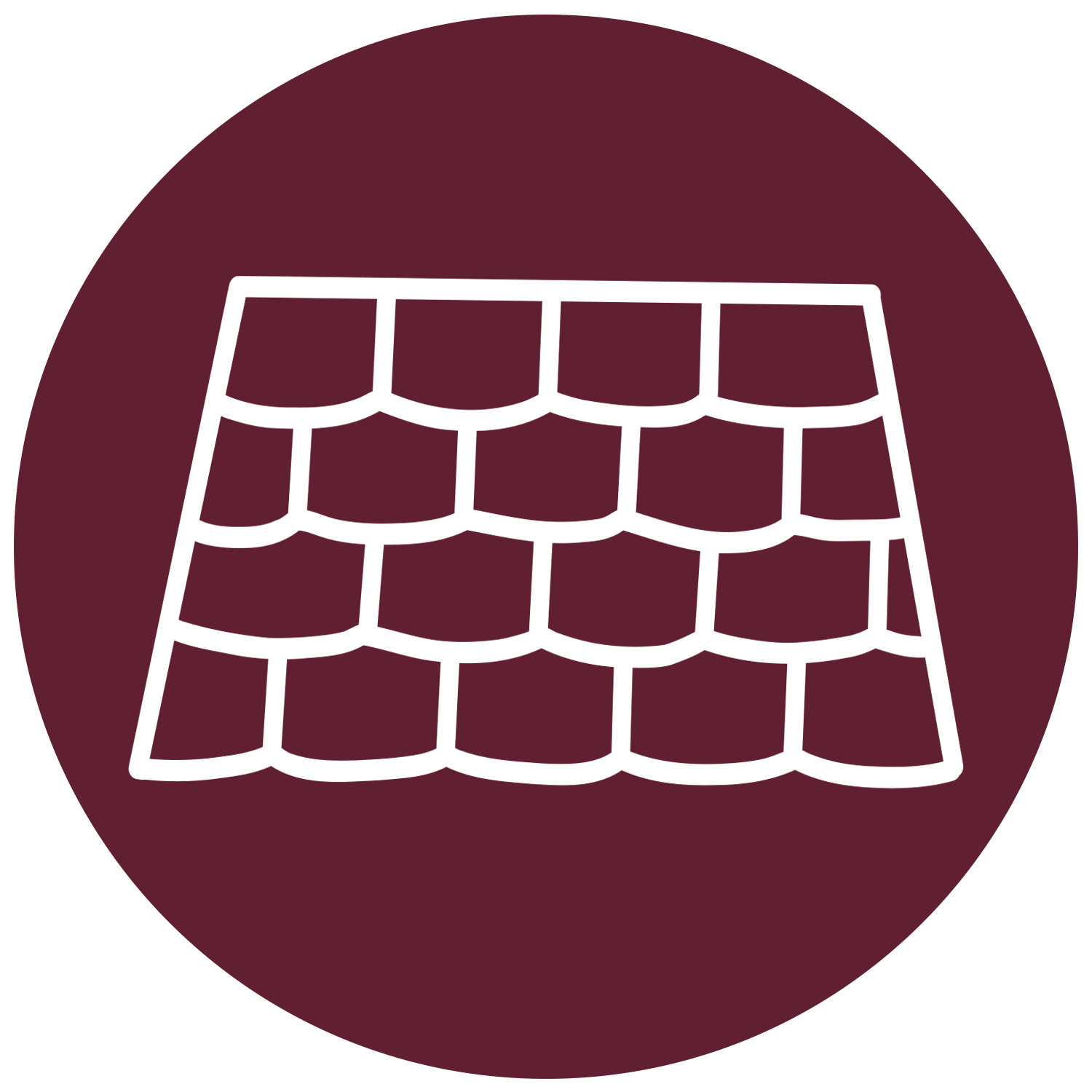 Line drawing of Asphalt Shingles, a versatile and affordable option for residential sloped roofs, available in many styles and lasting 15–30 years depending on product type.