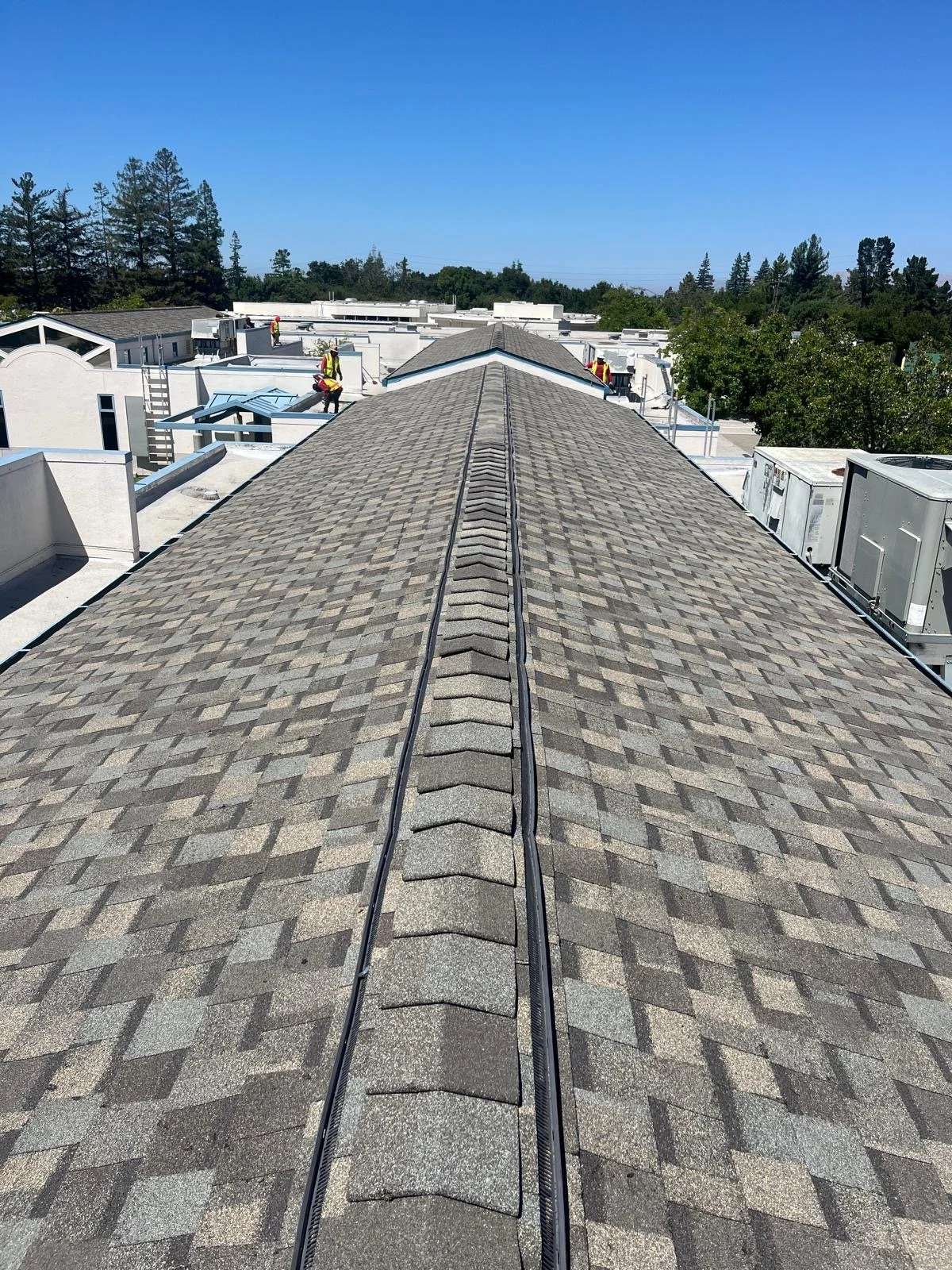 View from a rooftop showing workers installing equipment, with a clear blue sky and trees in the background.