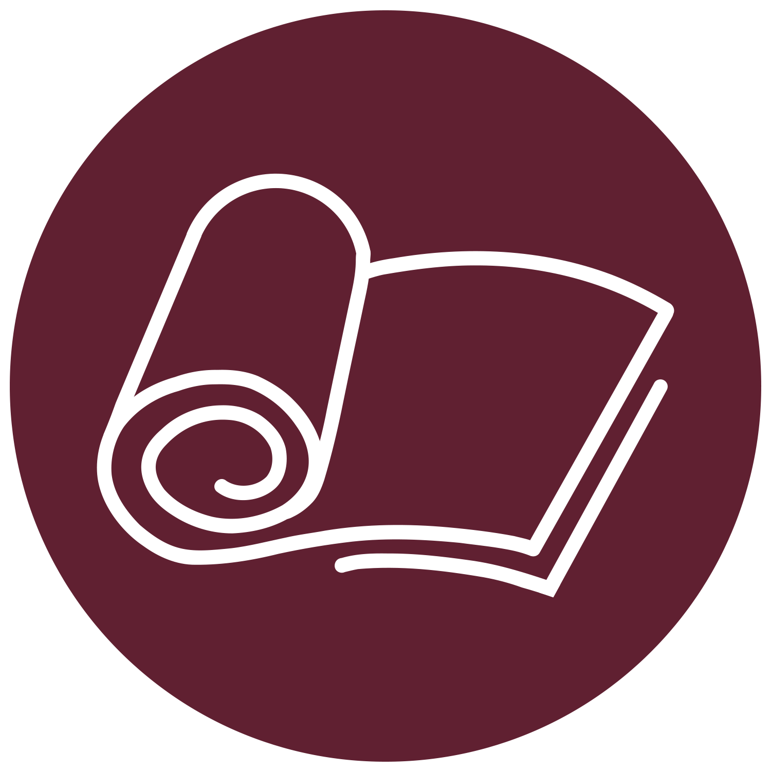 Line drawing of a rolled of TPO, a single-ply membrane known for its reflective, energy-efficient properties. Commonly used on low-slope and commercial roofs, with a lifespan of 15–30 years on a dark maroon circular background.