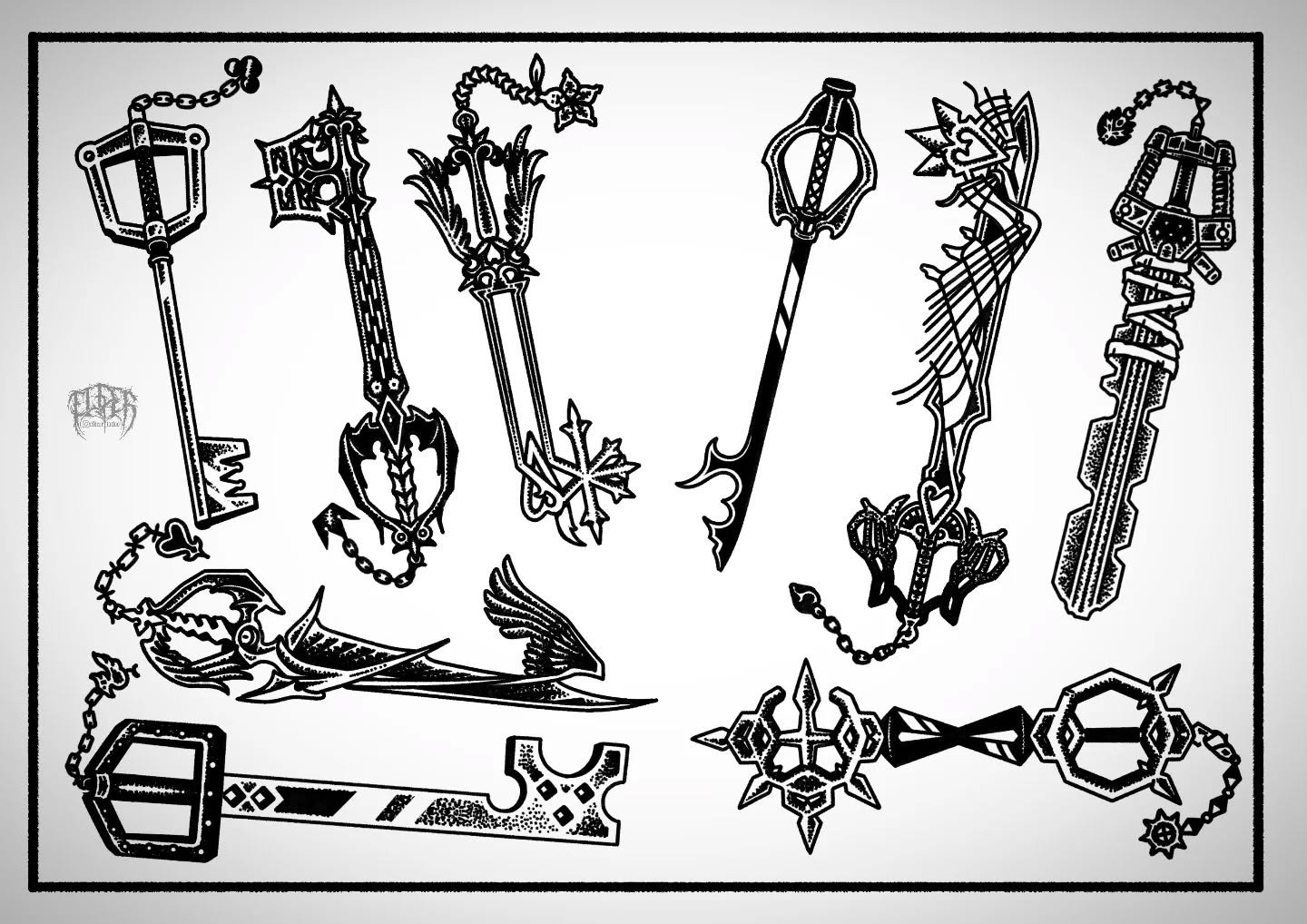 Finally posting my keyblade sheets! These are all repeatable and make great little gap fillers. If you're interested in snagging one or have a particular keyblade in mind you'd like to get tattooed, swing me a message!

Currently taking bookings for 