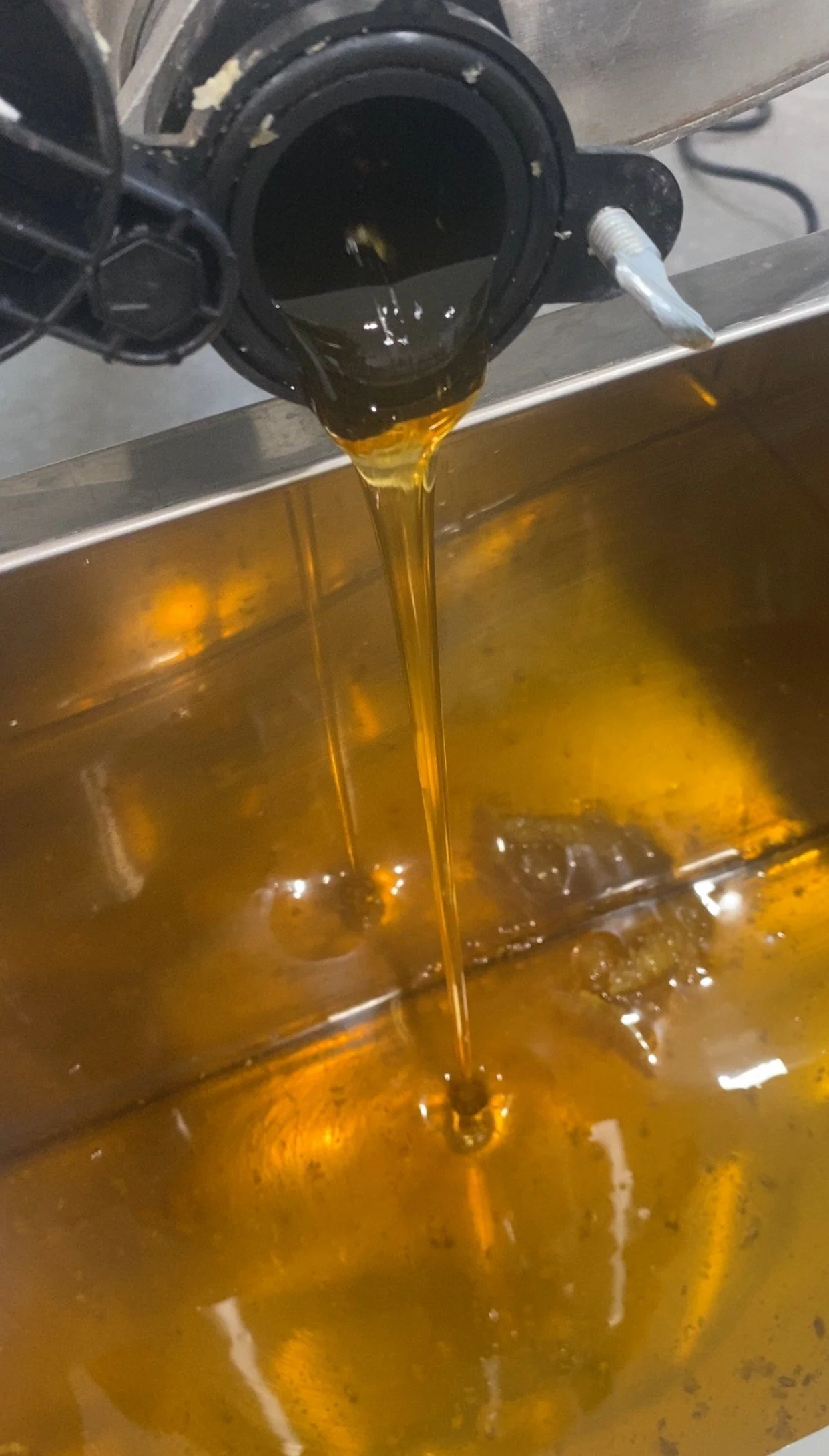 Golden-colored liquid stream flowing from a black tap into a metal container.