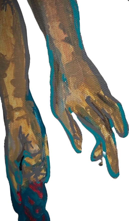 copped image of res plumata's painting with two human hands with detailed skin tones and shading.