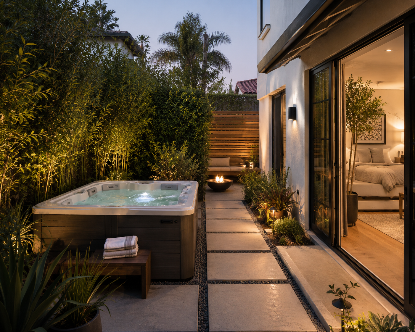 modern los angeles backyard hot tub area with stepping stone pathway, layered landscaping, and indoor-outdoor bedroom connection at dusk