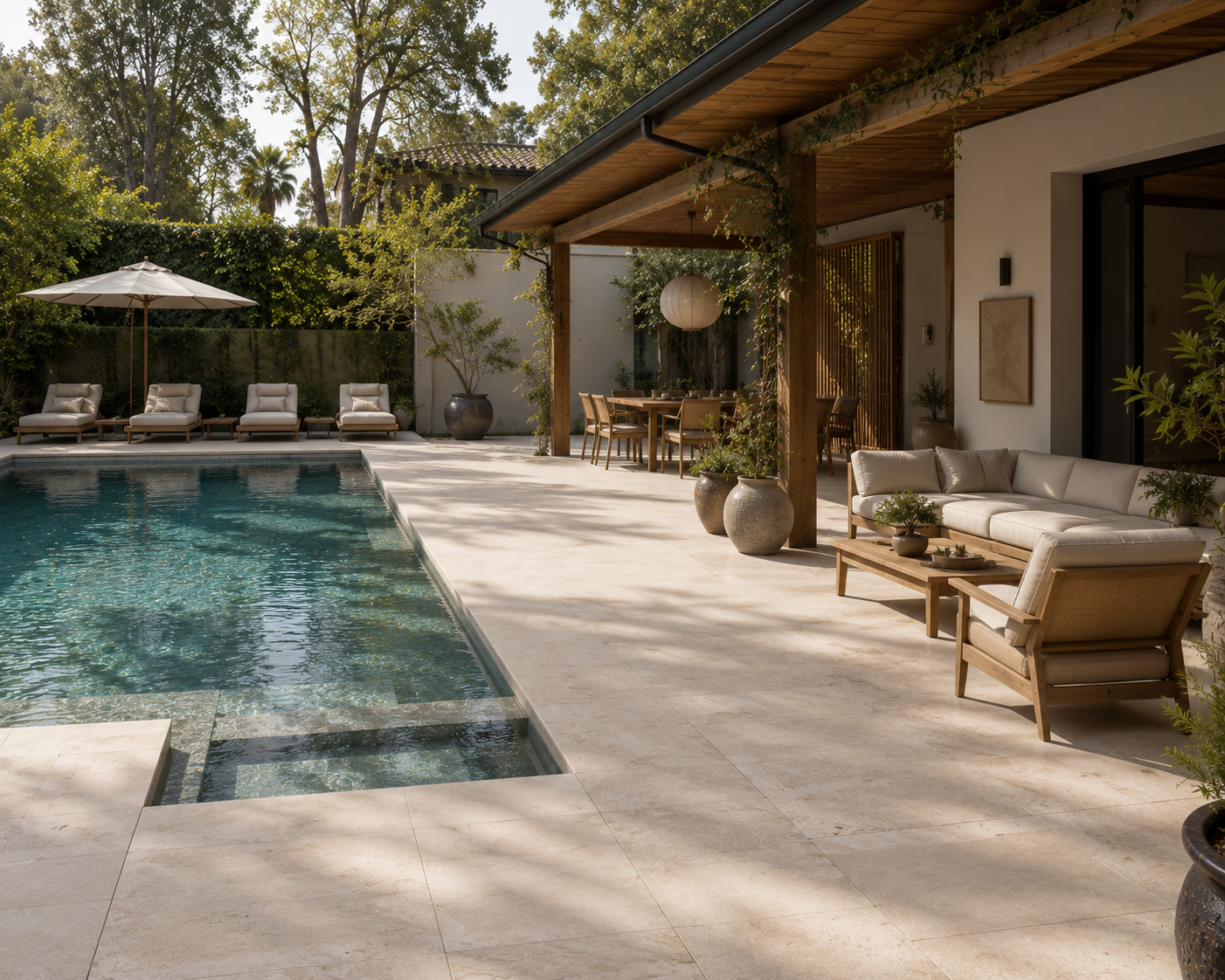 contemporary los angeles limestone pool deck with covered outdoor seating, neutral furnishings, and a sleek poolside entertainment area