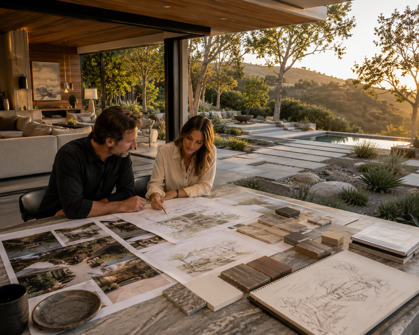 Los Angeles homeowners reviewing landscape design plans, material samples, and backyard concepts in a modern indoor-outdoor living space