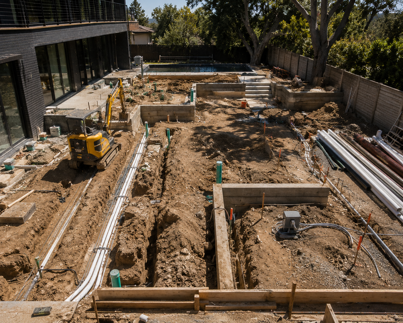 los angeles backyard construction site with excavation, utility trenches, retaining walls, pool installation, and infrastructure work in progress