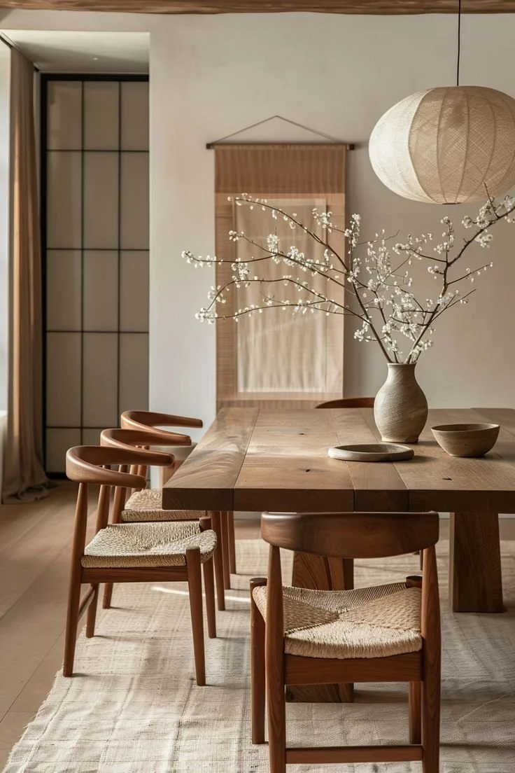 Japandi minimalist dining room wood table
