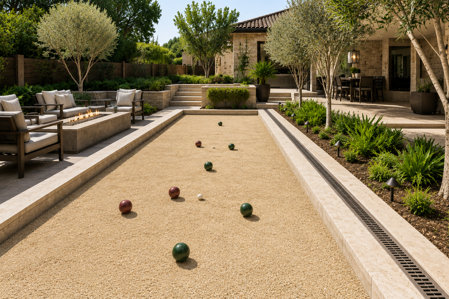 backyard los angeles bocce court with decomposed granite surface, landscaped borders, fire pit seating, and a resort-style outdoor entertainment area