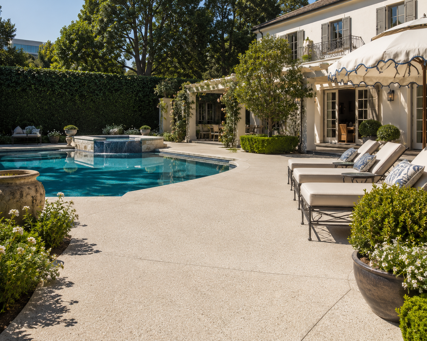 traditional los angeles pool deck with textured concrete paving, cushioned lounge chairs, manicured greenery, and a classic backyard pool design
